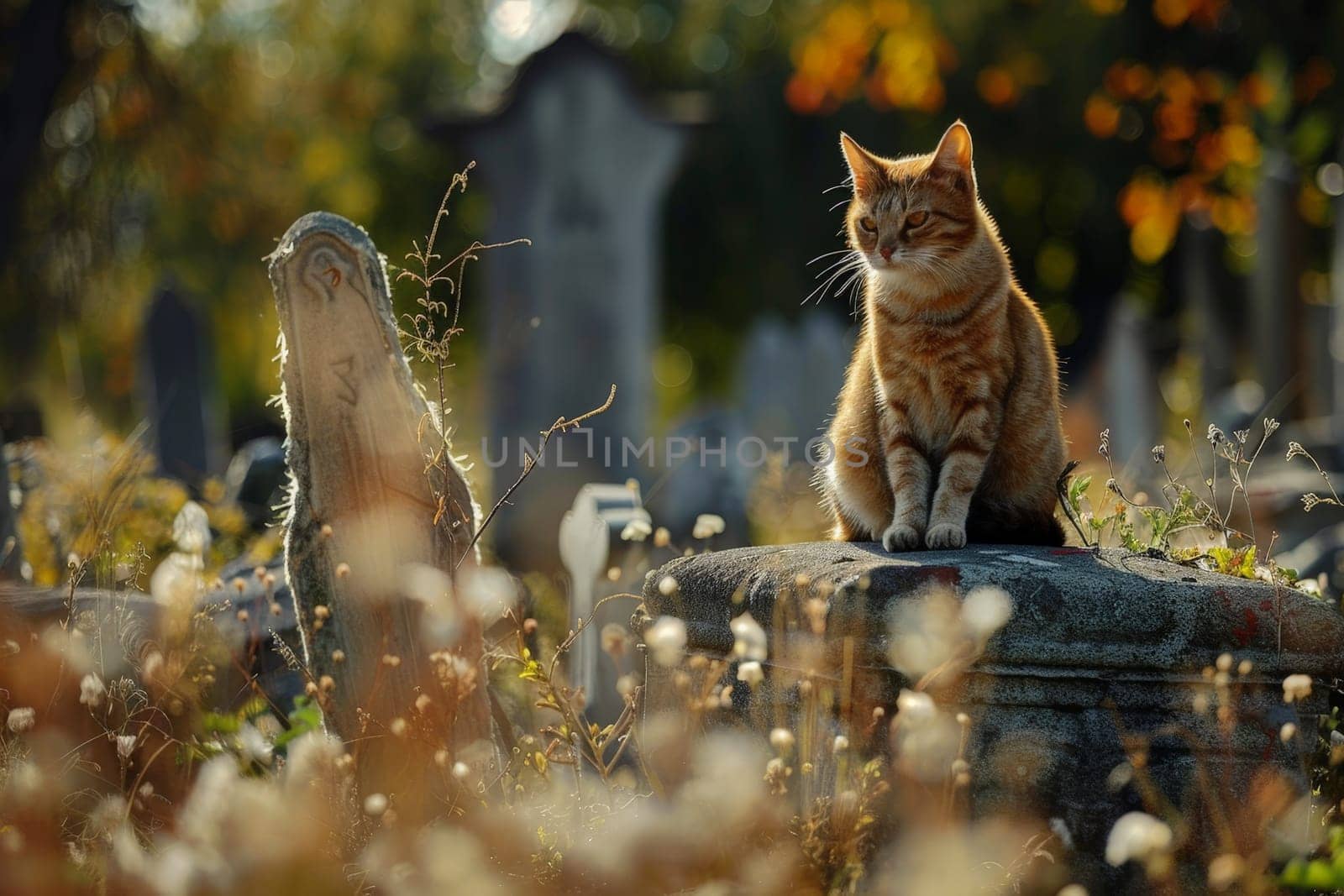 Cat in cemetery, A cat sitting next to a grave in a cemetery, In remembrance of a pet by nijieimu