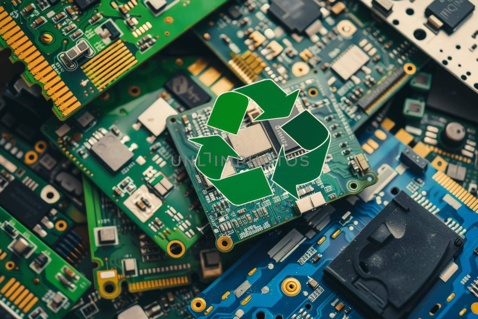 Electronic waste, Eco concept with recycling symbol on Pile of electronic circuit boards by nijieimu
