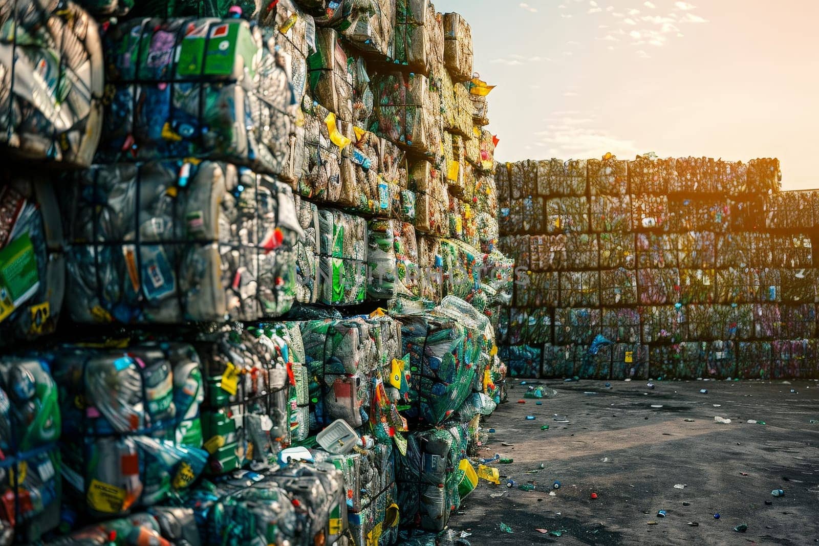 Pile of Plastic Bottles, Flattened plastic bottles are collected and packed in bales for recycling.