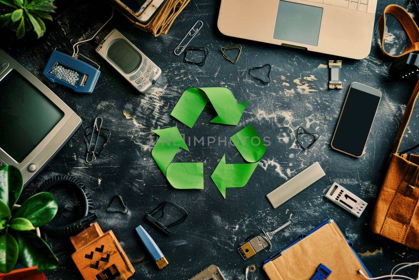 Electronic waste, Eco concept with recycling symbol on Pile of electronic circuit boards by nijieimu