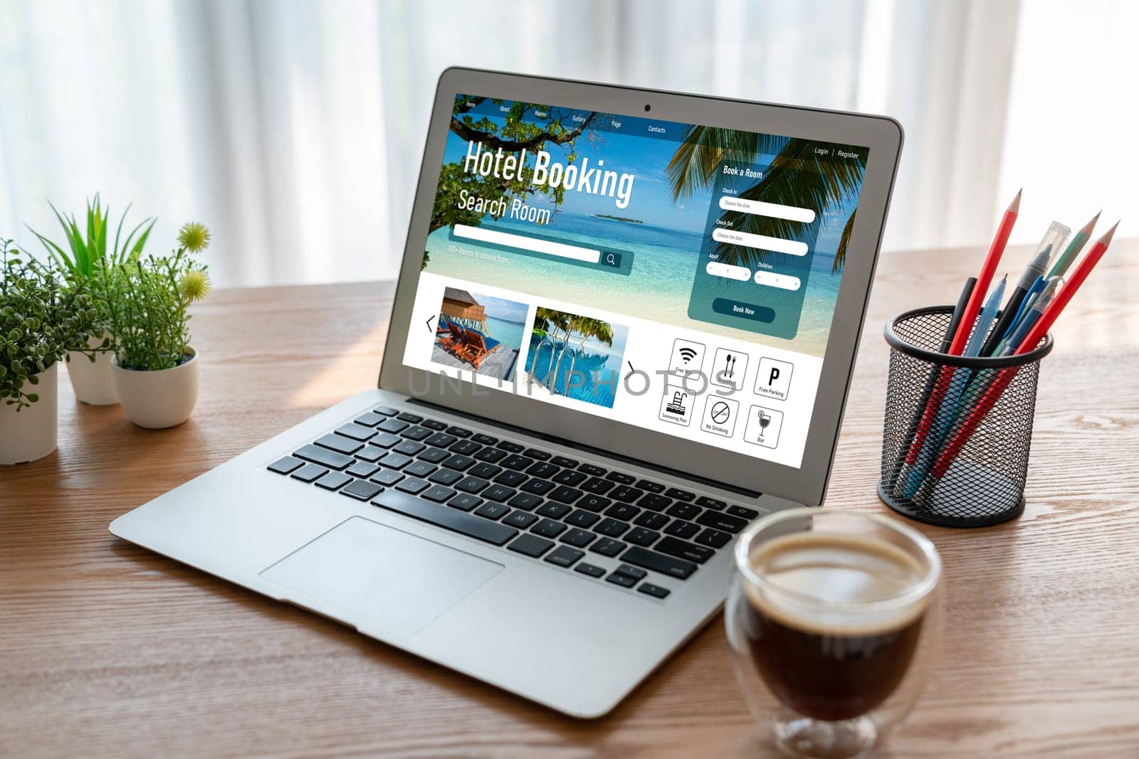 Online hotel accommodation booking website provide modish reservation system . Travel technology concept .
