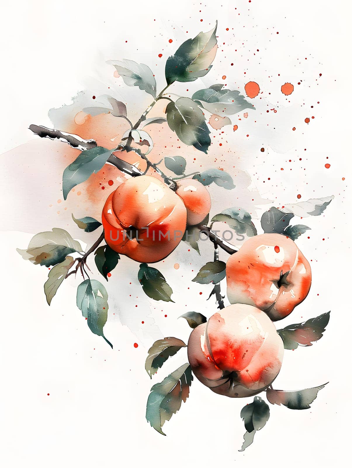 A watercolor painting depicting three apples on a tree branch. The artwork captures the beauty of natural foods and the intricate details of the fruit, plant, and twig
