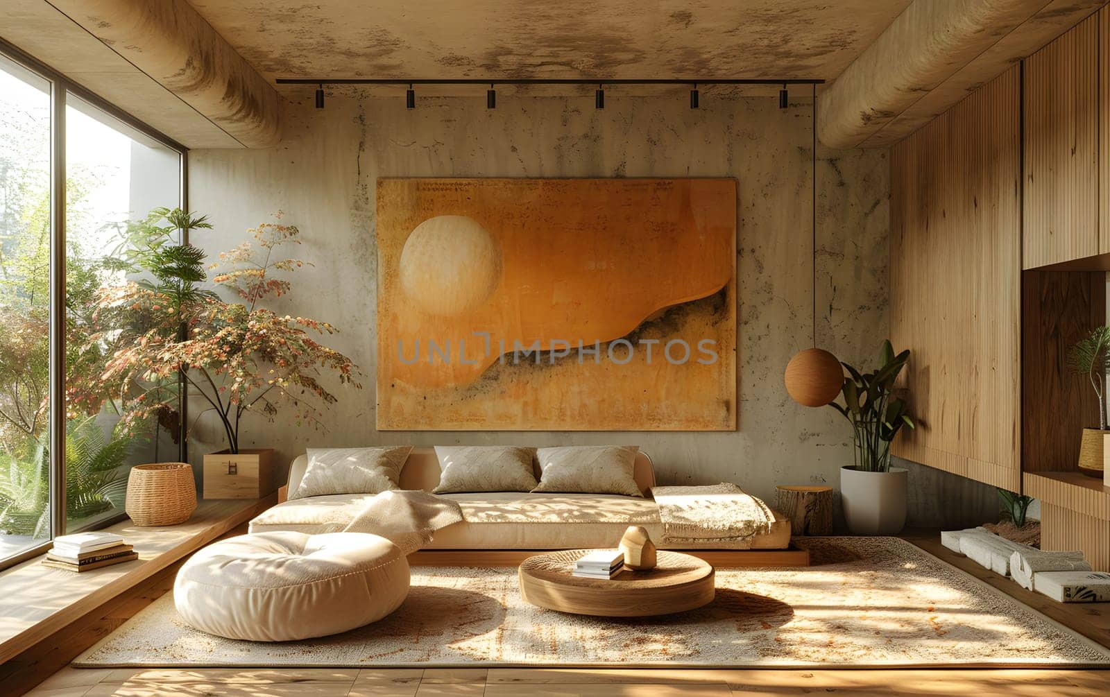House interior with hardwood flooring, large painting, and couch by Nadtochiy