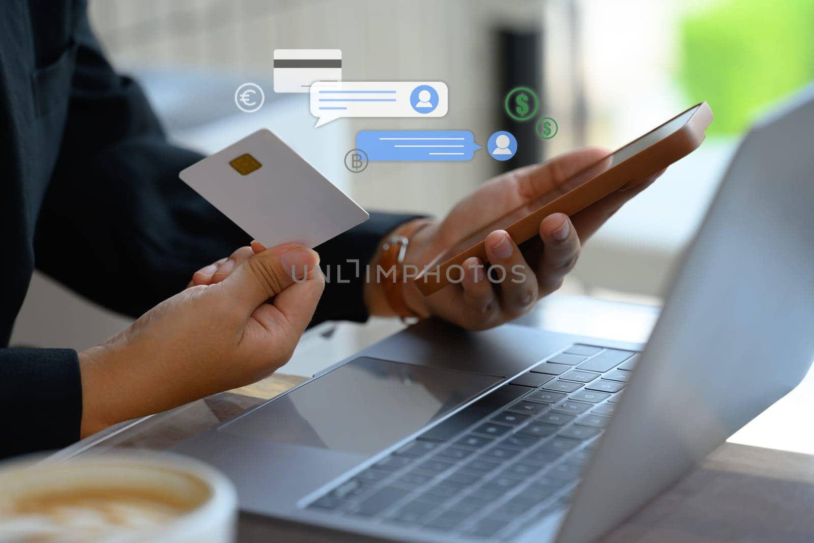 Businessman holding credit card making payment digital transaction paying online on smartphone.