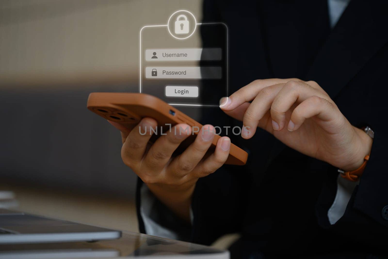 Woman login with smartphone, entering username and password for safety internet security access.