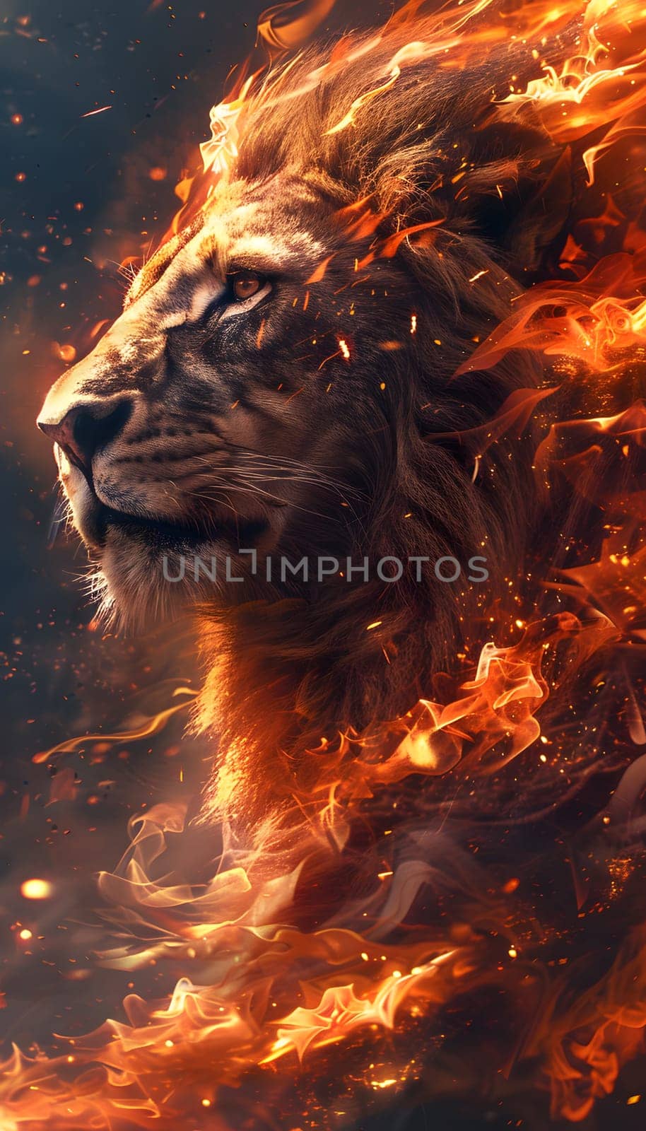 A lion is engulfed by flames in a dark background, creating a captivating artwork filled with heat, smoke, and a sense of impending danger