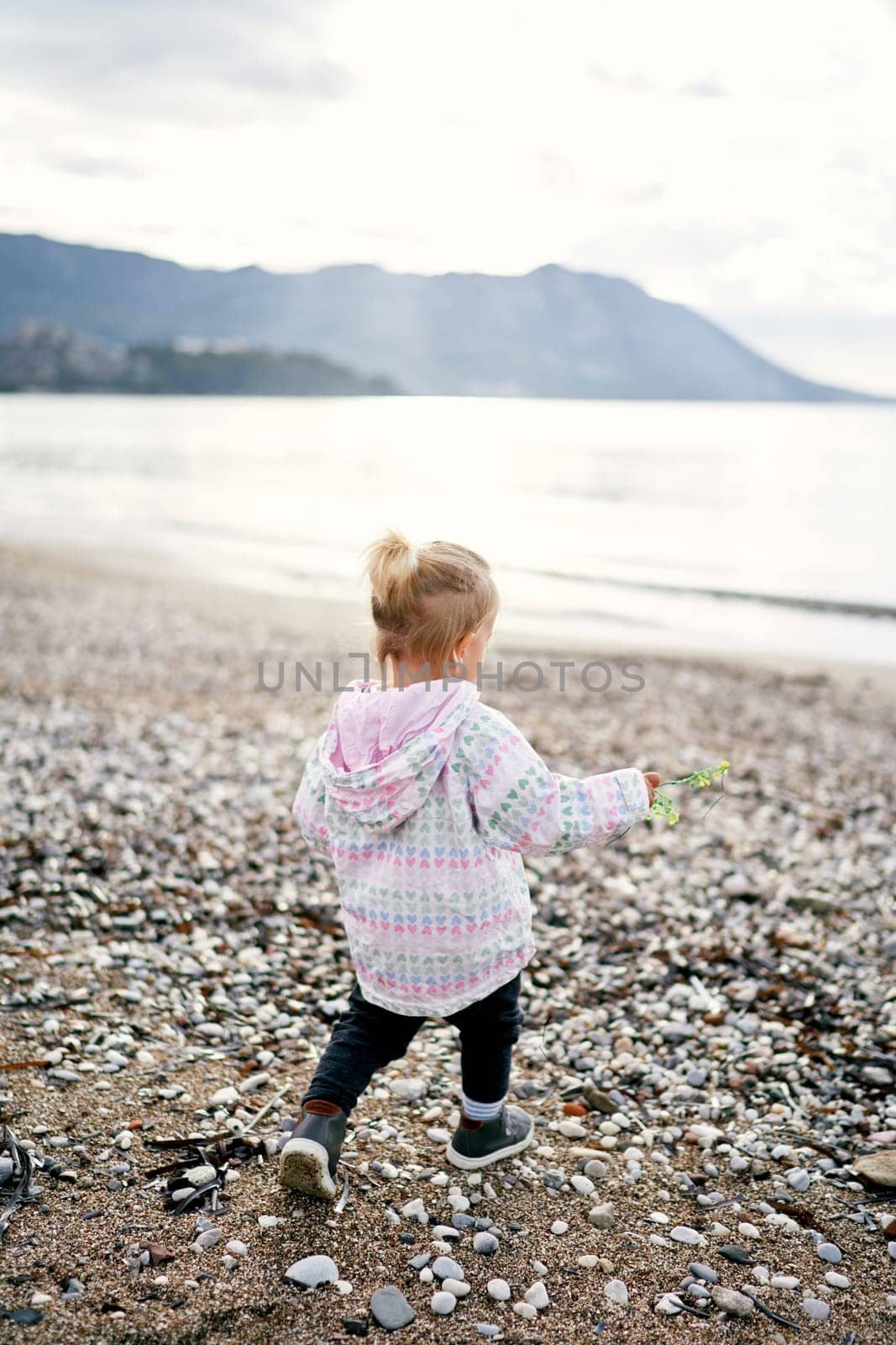 Little girl with a yellow flower in her hand walks along a pebbly beach towards the sea. Back view. High quality photo