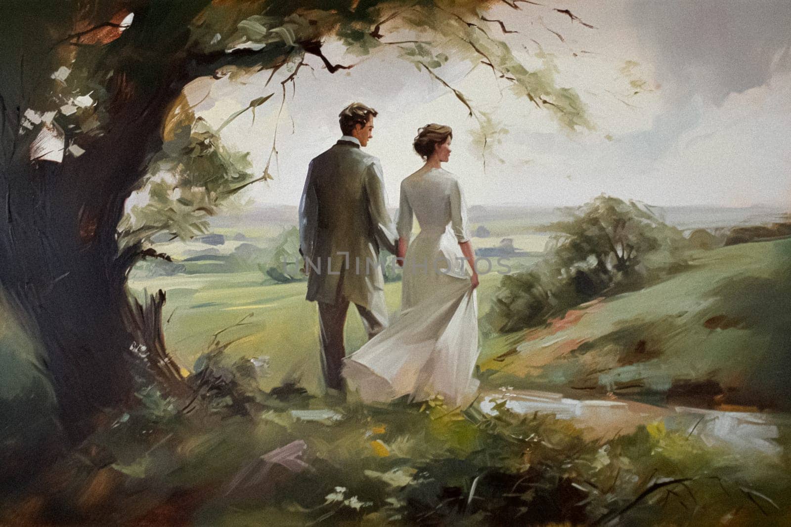 Oil style fine art painting of romantic vintage couple in the English countryside, country nature in soft pastel colours, evoking a sense of love and natural beauty, printable art design