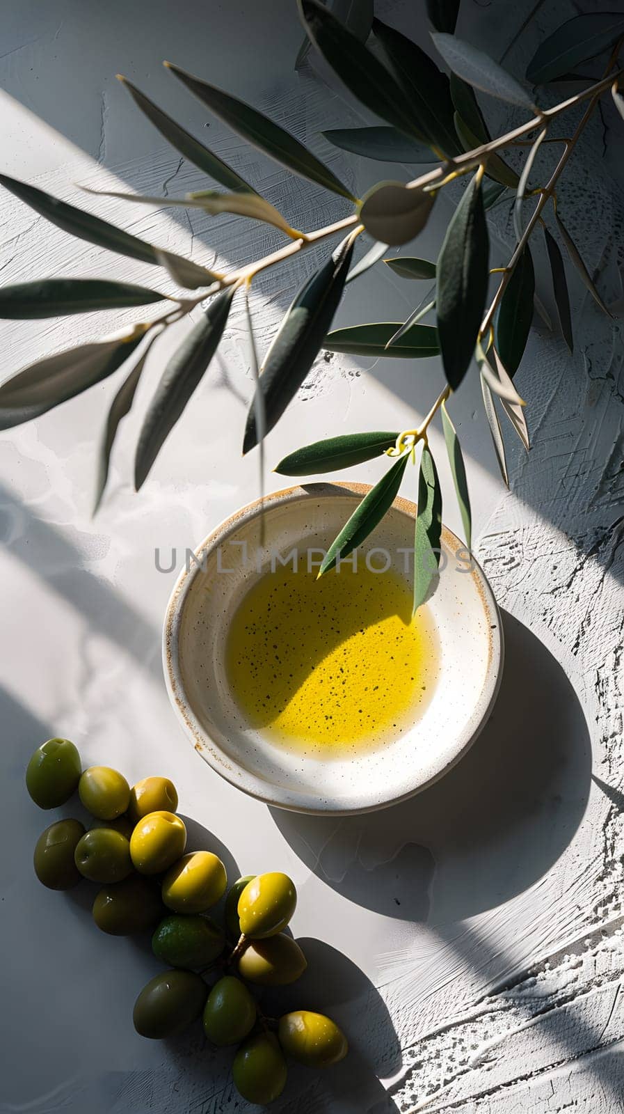 Food ingredients a bowl of olive oil and olives on a table by Nadtochiy