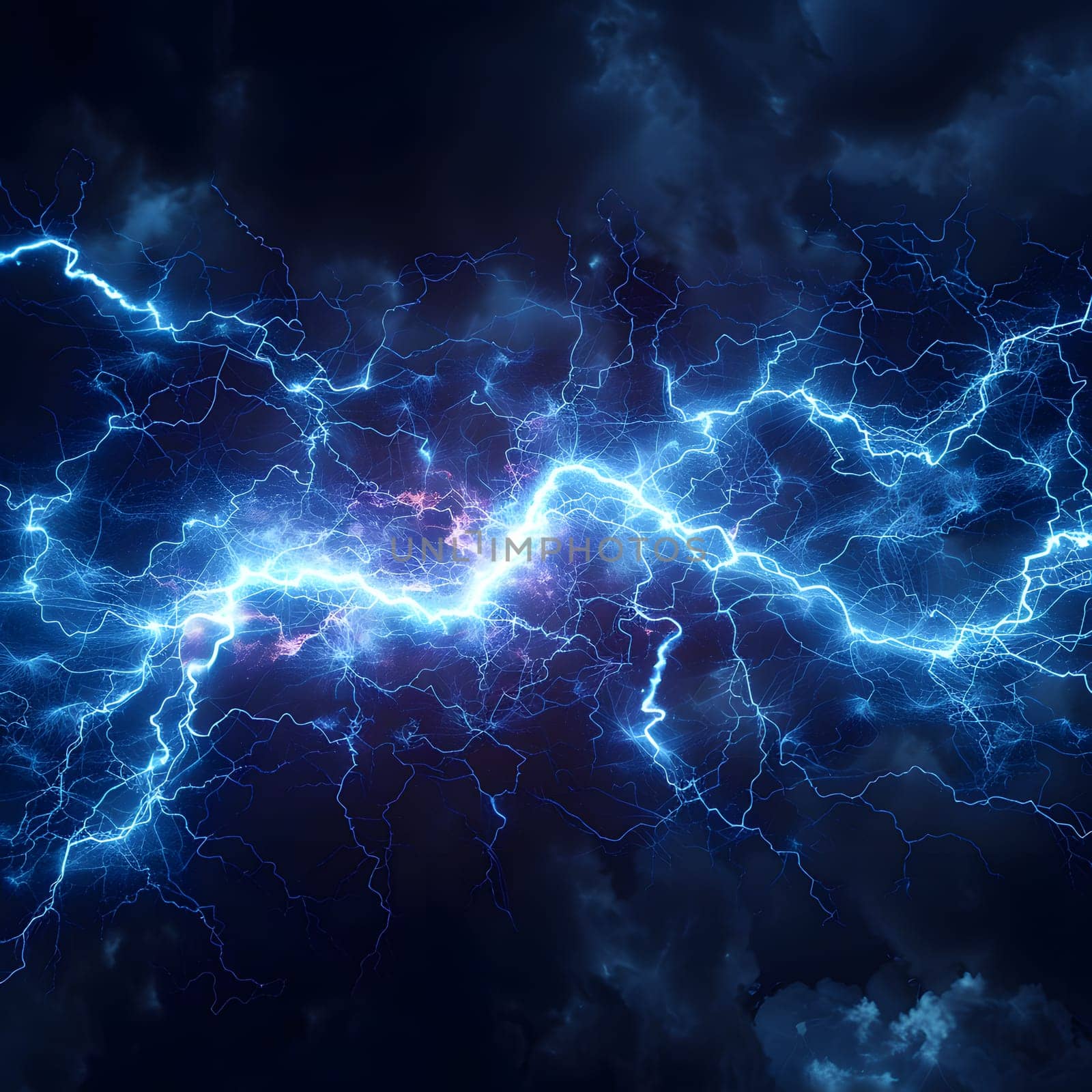 An electric blue lightning bolt dances across the dark cloudy sky, illuminating the purple hues of the atmosphere. The power of water and wind combine to create a breathtaking natural art display