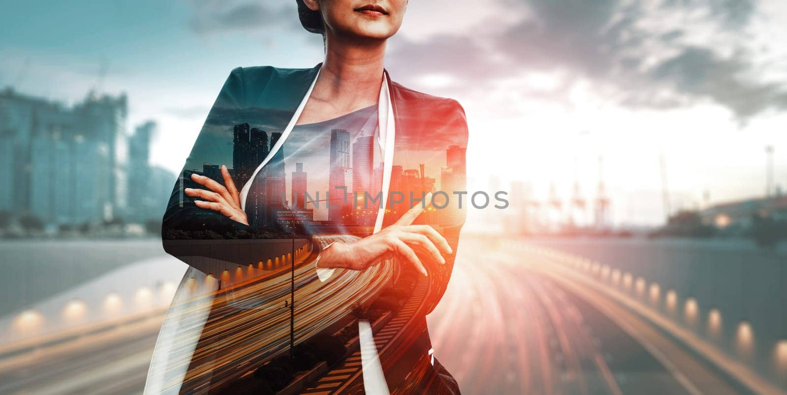 Double Exposure Image of Business Person on modern city background. Future business and communication technology concept. Surreal futuristic cityscape and abstract multiple exposure interface. uds