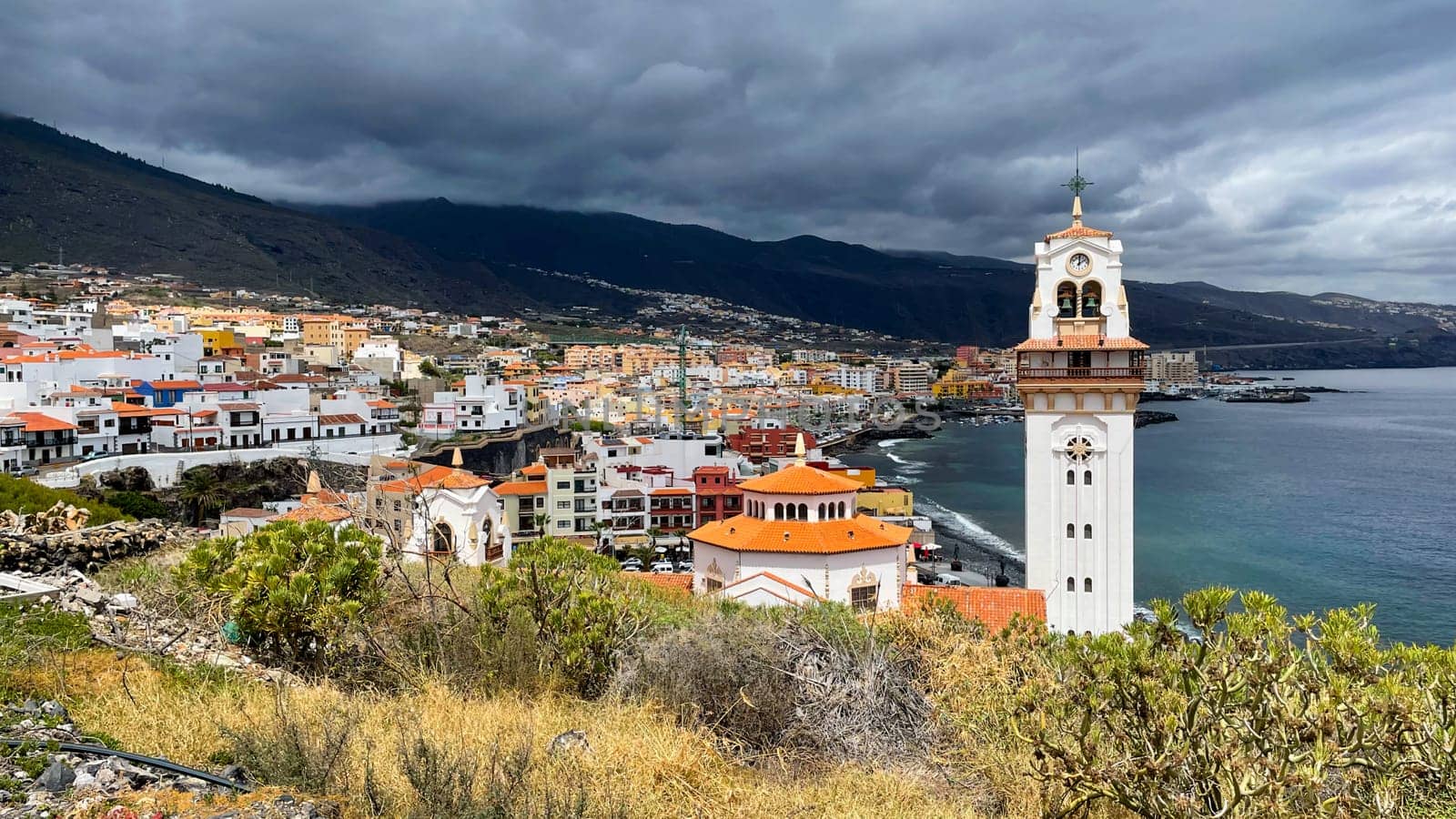 Candelaria city view before thunder storm, Canary Island, Tenerife. High quality photo