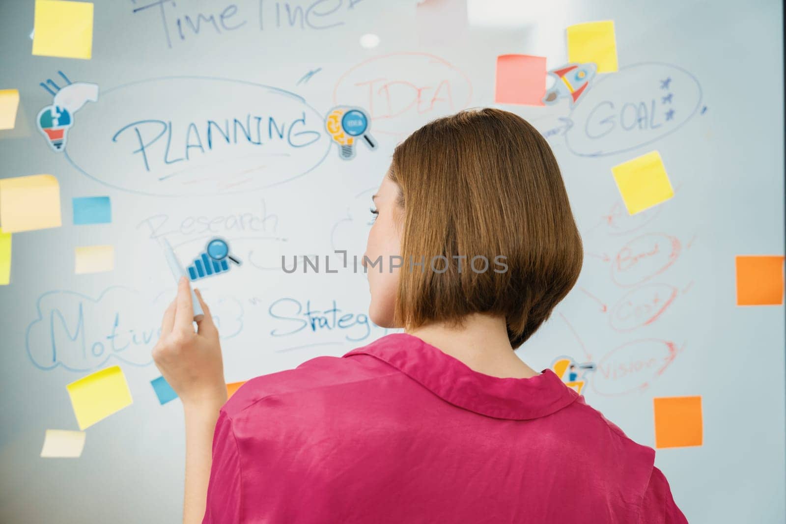 Beautiful businesswoman putting sticker on glass board while thinking about creative marketing strategy by using mind map and sticky note. Creative business meeting concept. Back view. Immaculate.