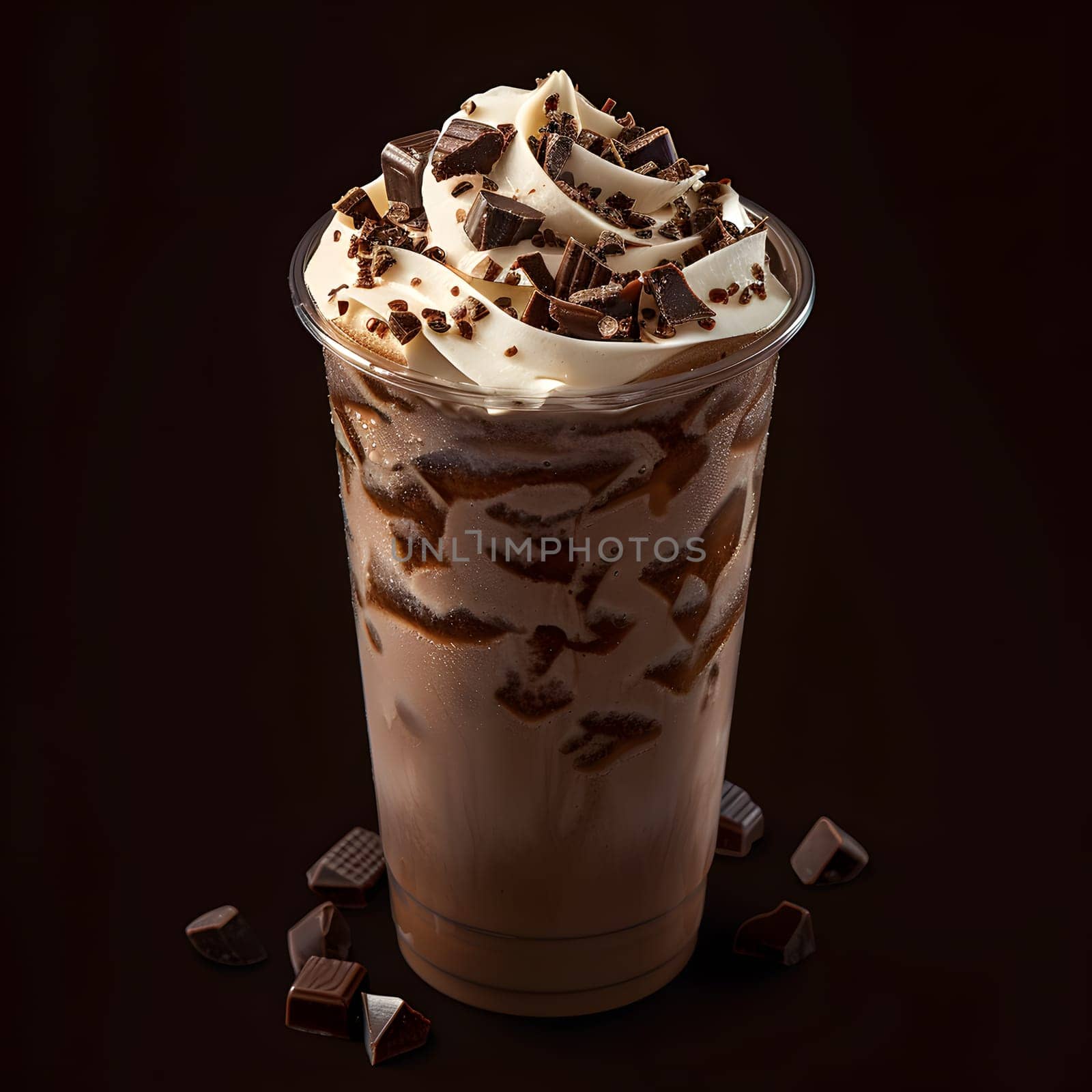 Drinkware cup of chocolate milkshake with cream shavings, frozen dessert by Nadtochiy