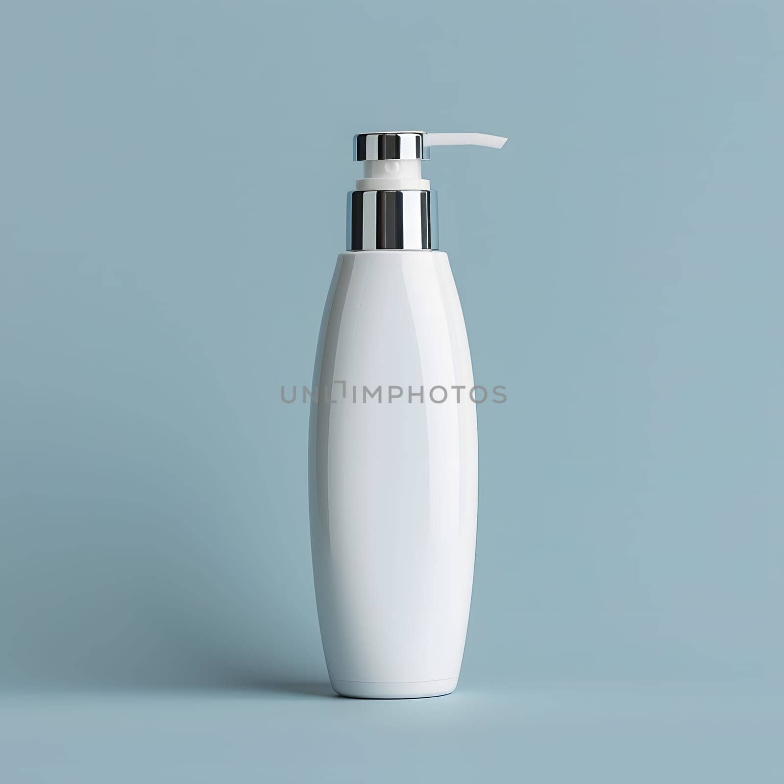 Silver pump on white plastic bottle against blue background by Nadtochiy
