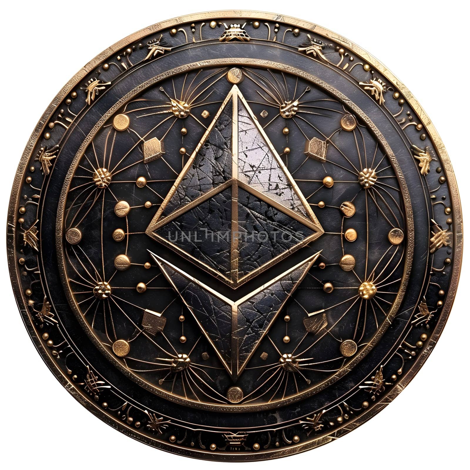 A sleek black and gold coin featuring a striking triangle symbol in the center by Nadtochiy