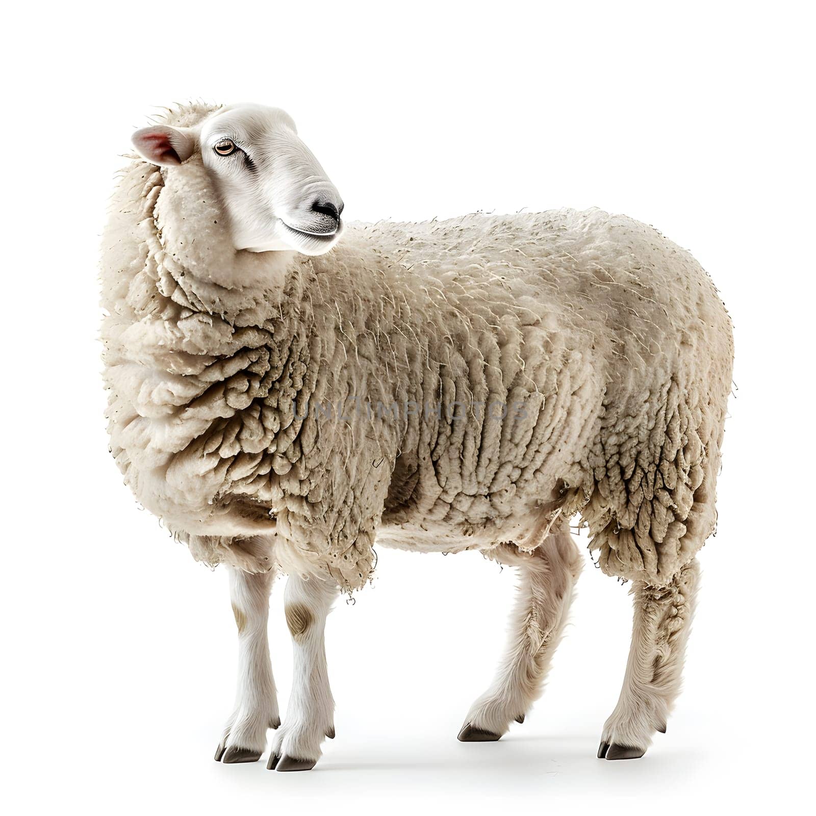 A terrestrial animal, the sheep is standing on a white background, its fur looking fluffy and its tail visible. The livestock is gazing directly at the camera