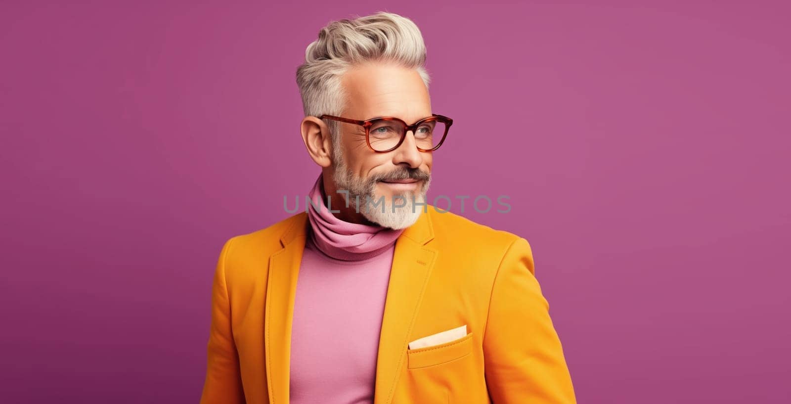 Fashionable portrait of stylish handsome mature man in yellow business suit, glasses looking away posing on colorful pink studio background