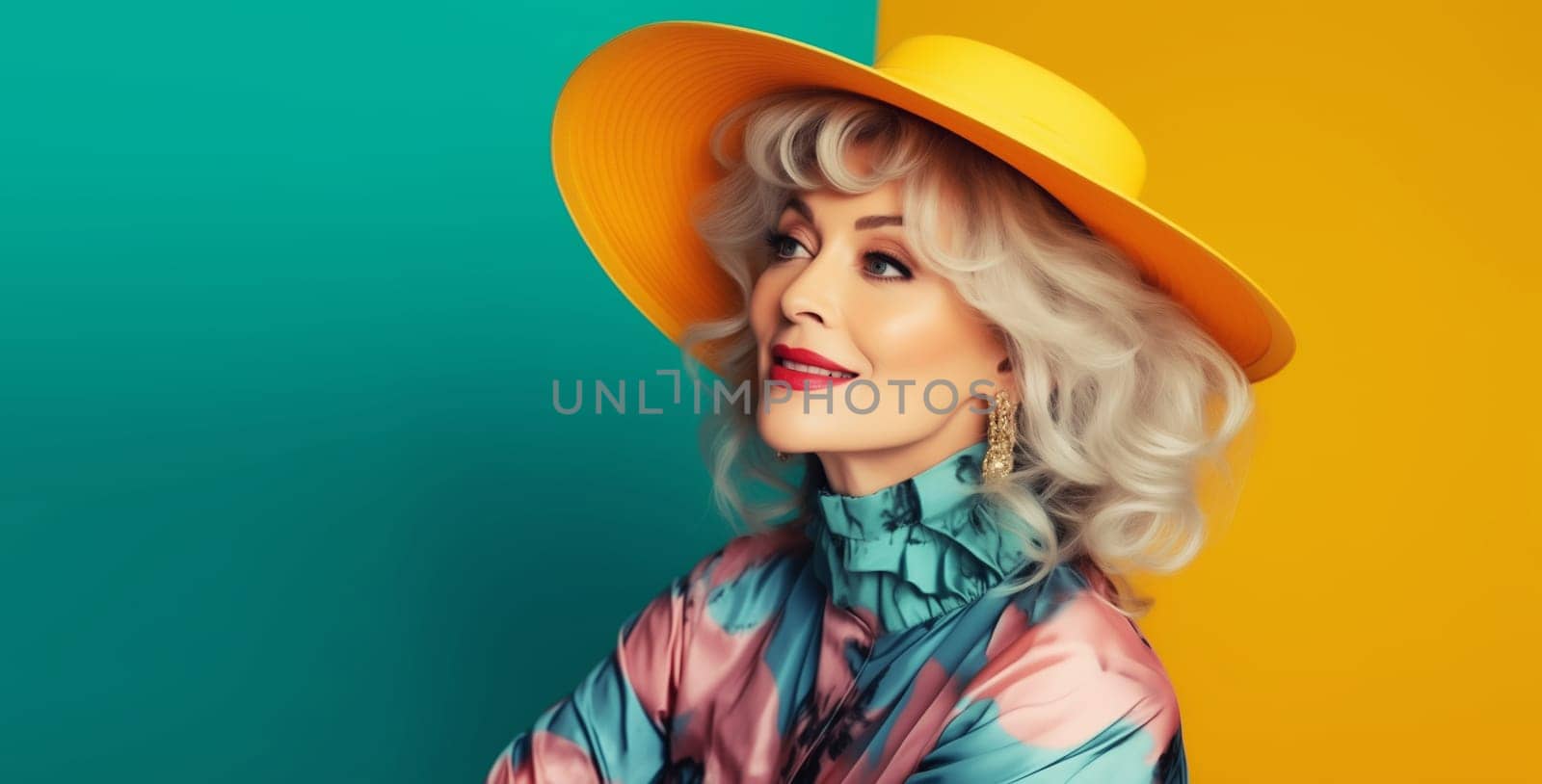 Fashion portrait of beautiful stylish elegant mature woman with gray hair in hat on color background by Rohappy