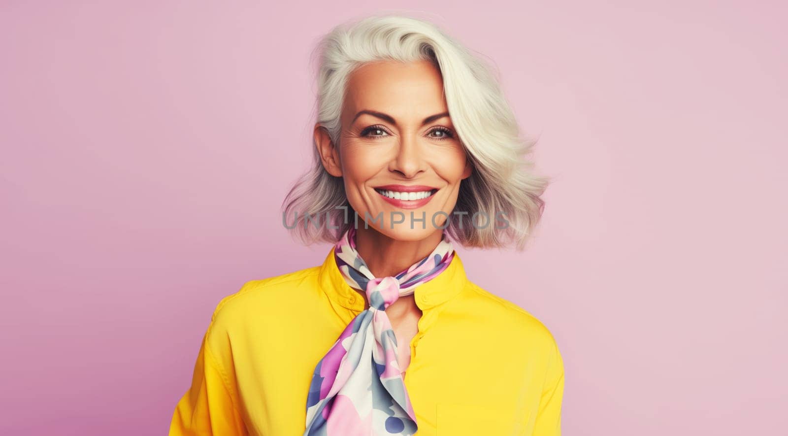 Fashion portrait of stylish happy smiling mature woman with gray hair in bright colorful clothes by Rohappy