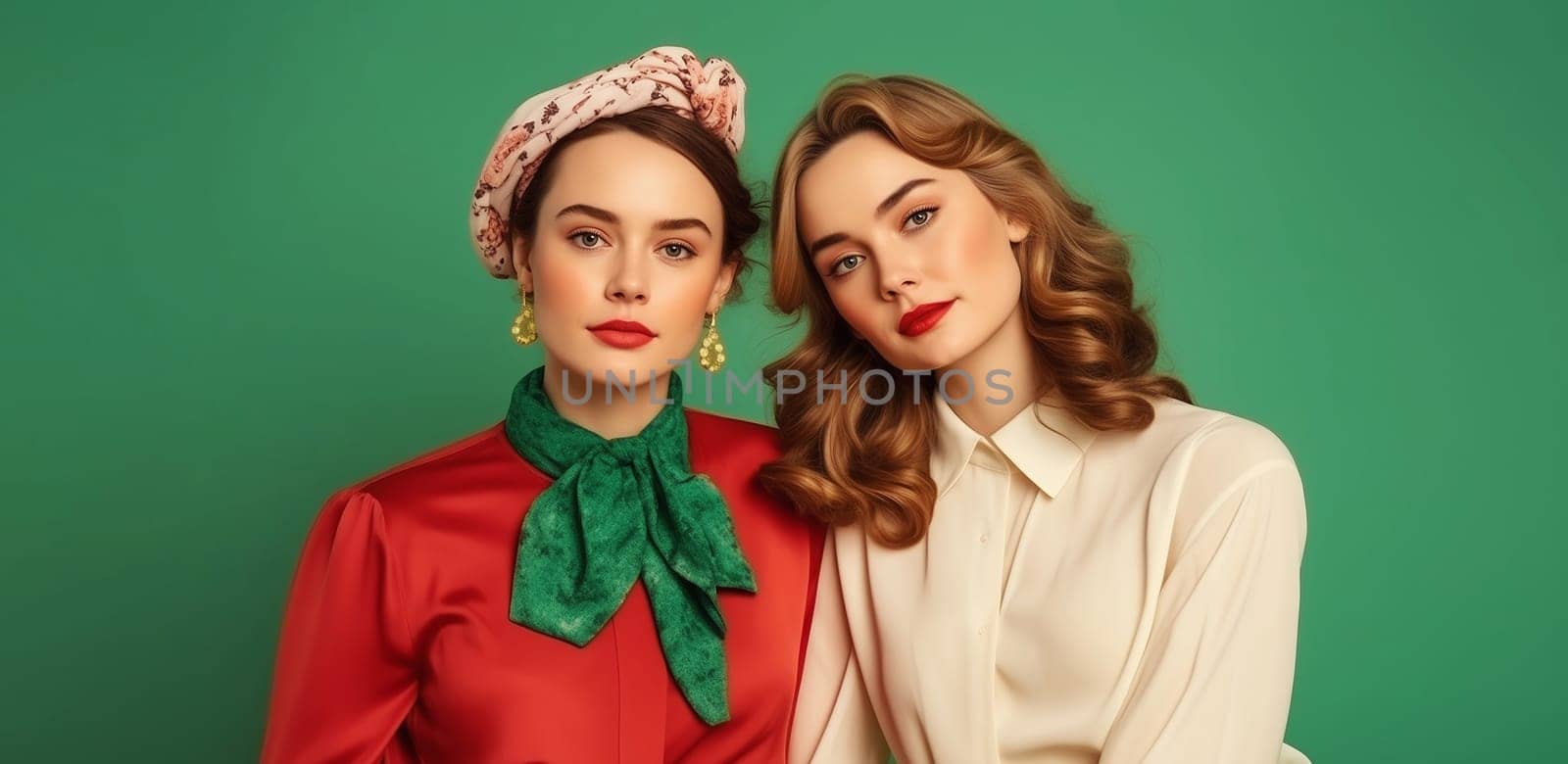 Portrait of two beautiful elegant stylish women ladies in retro style posing on color background