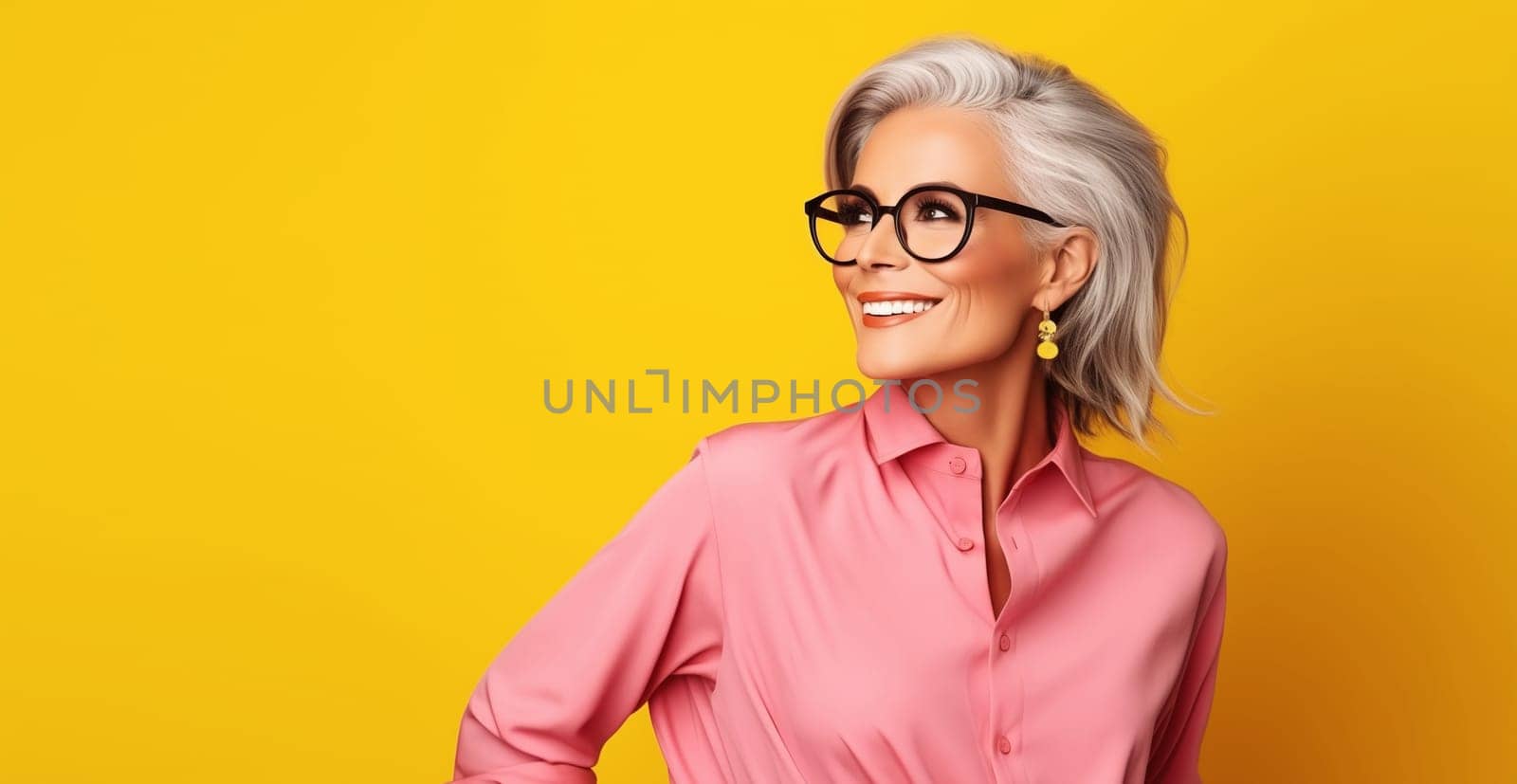 Fashion portrait of stylish happy smiling mature woman with gray hair in bright colorful clothes posing on yellow studio background