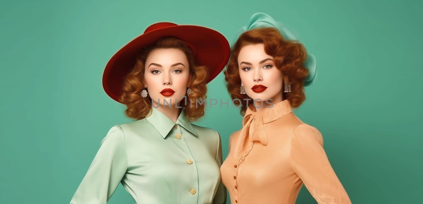 Portrait of two beautiful elegant stylish women ladies in retro style posing on color background