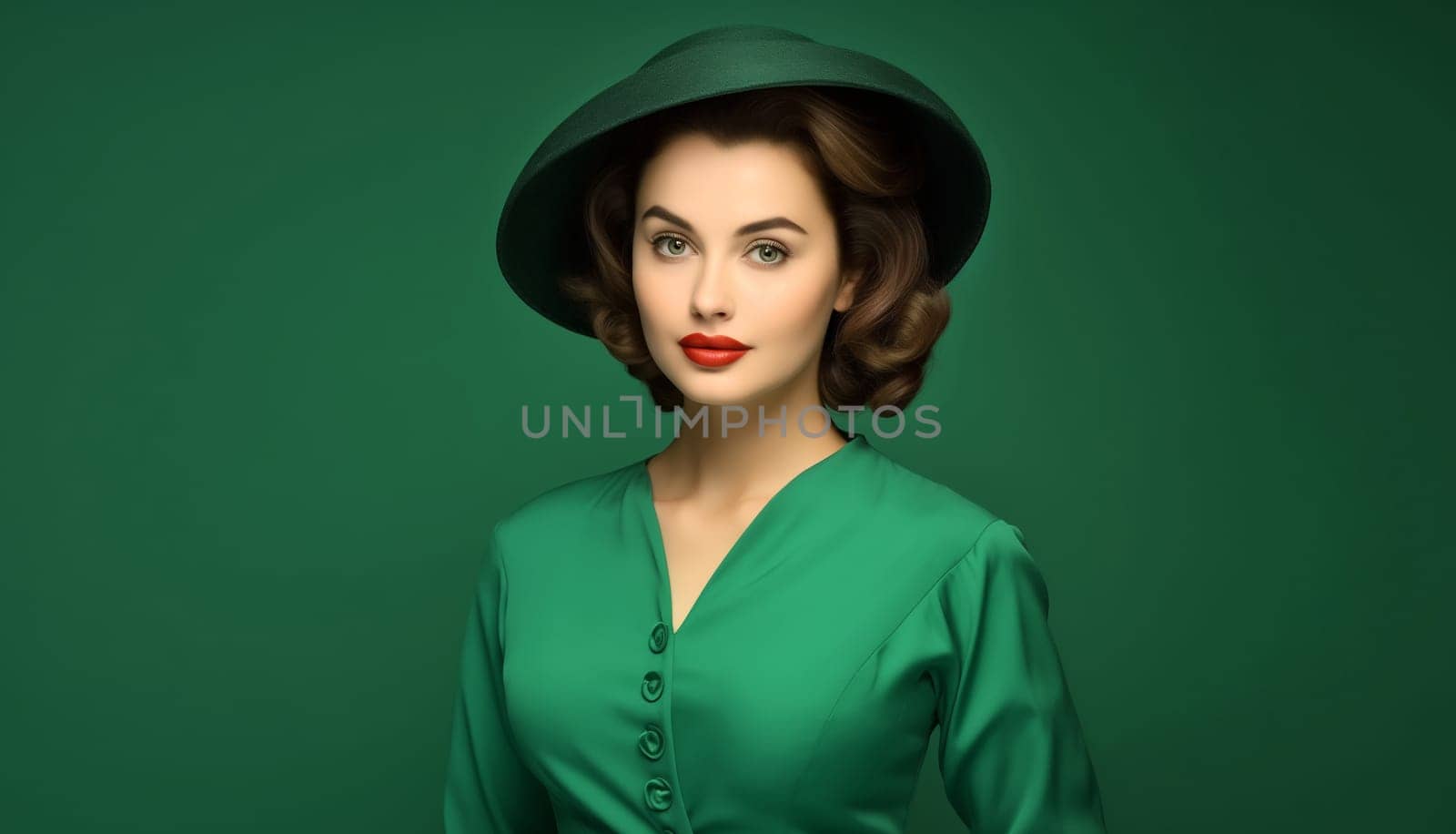 Portrait of beautiful elegant stylish woman in round hat, lady in retro style posing on green background