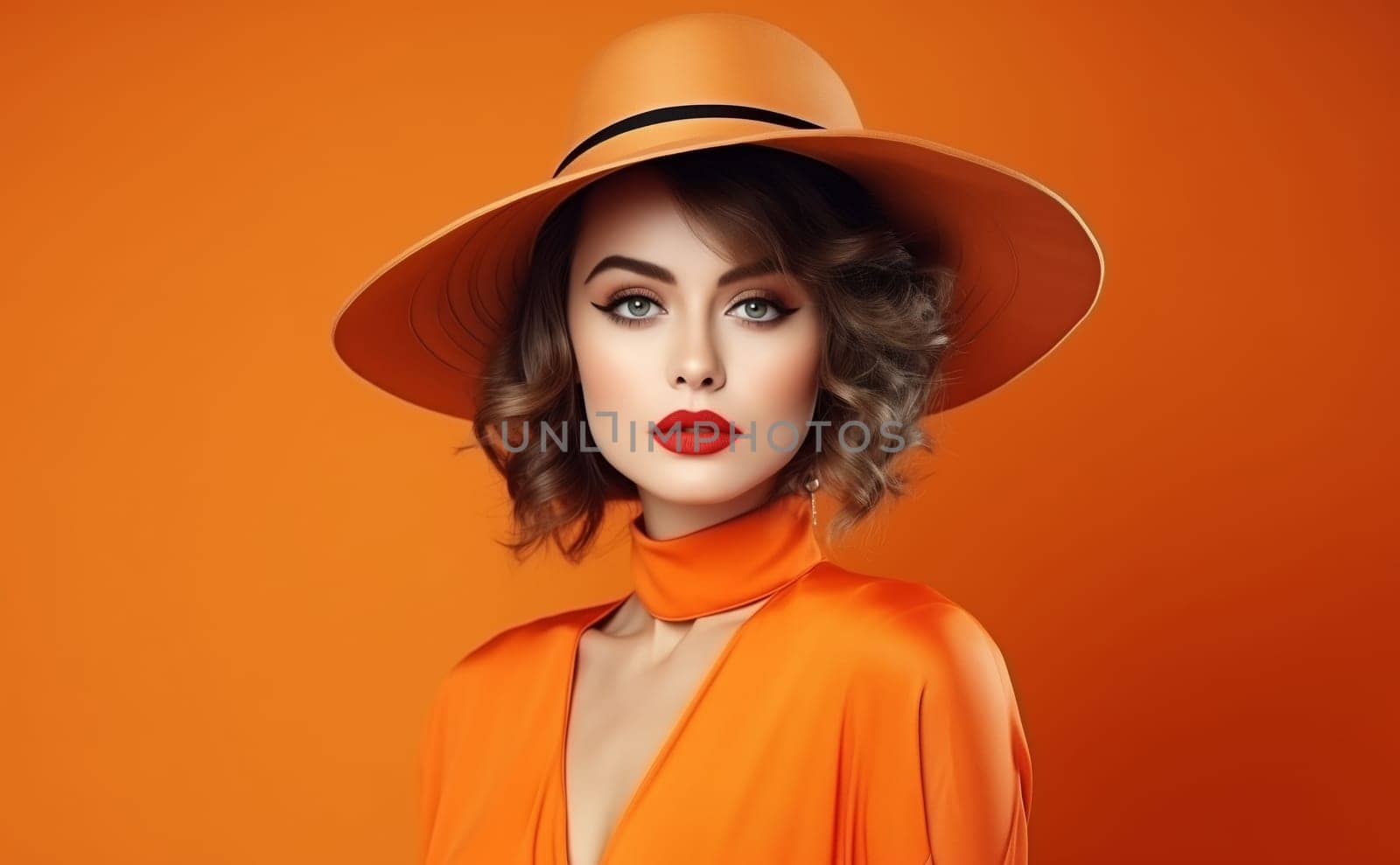Portrait of beautiful elegant stylish woman in hat, lady in retro style posing on color background by Rohappy