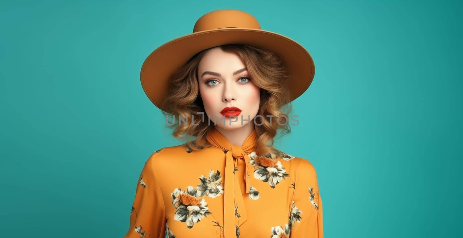 Portrait of beautiful elegant stylish woman in round hat, lady in retro style posing on color background