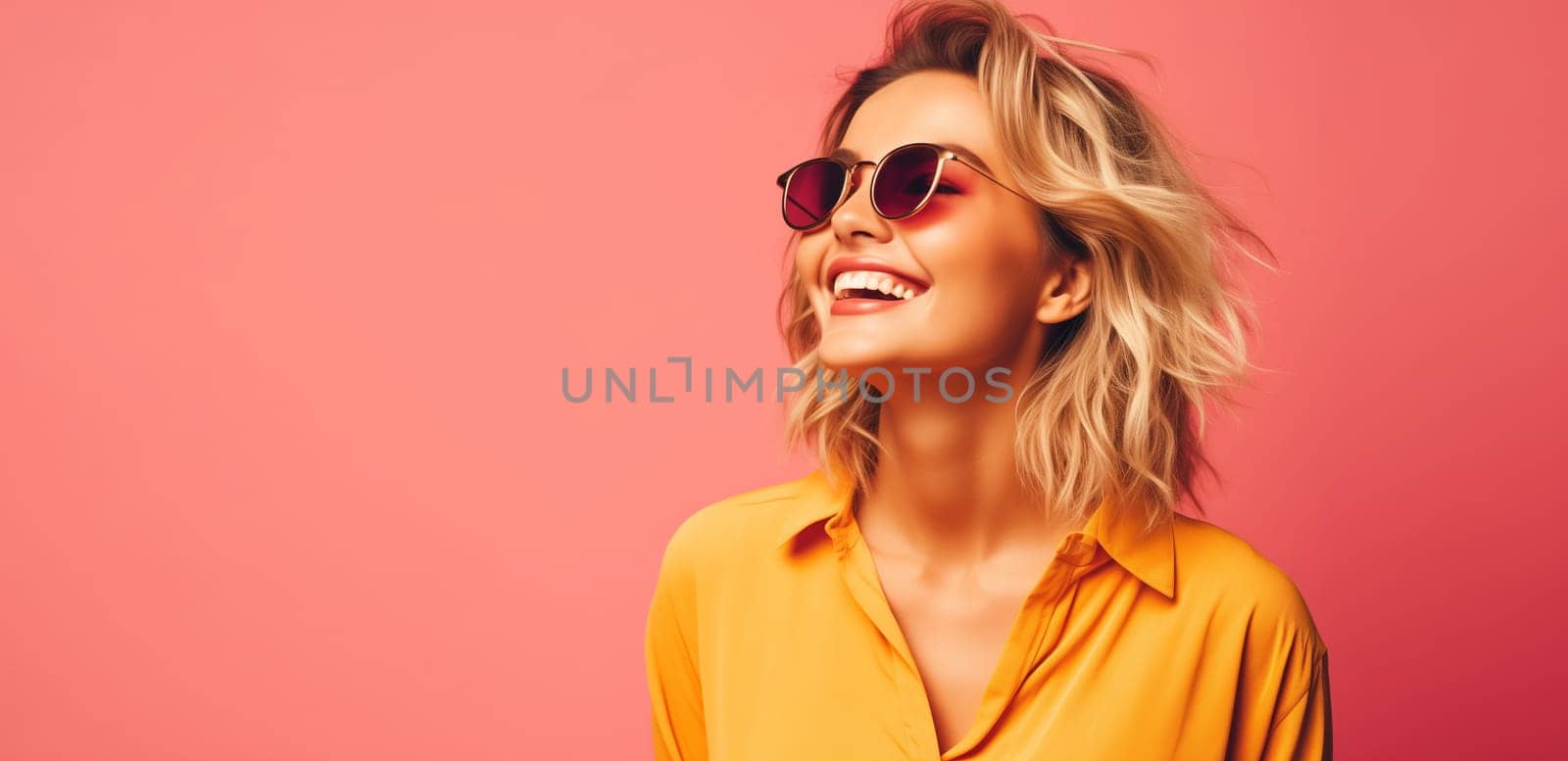 Summer portrait of happy stylish young woman with toothy smile in sunglasses, yellow shirt on pink studio background, looking away