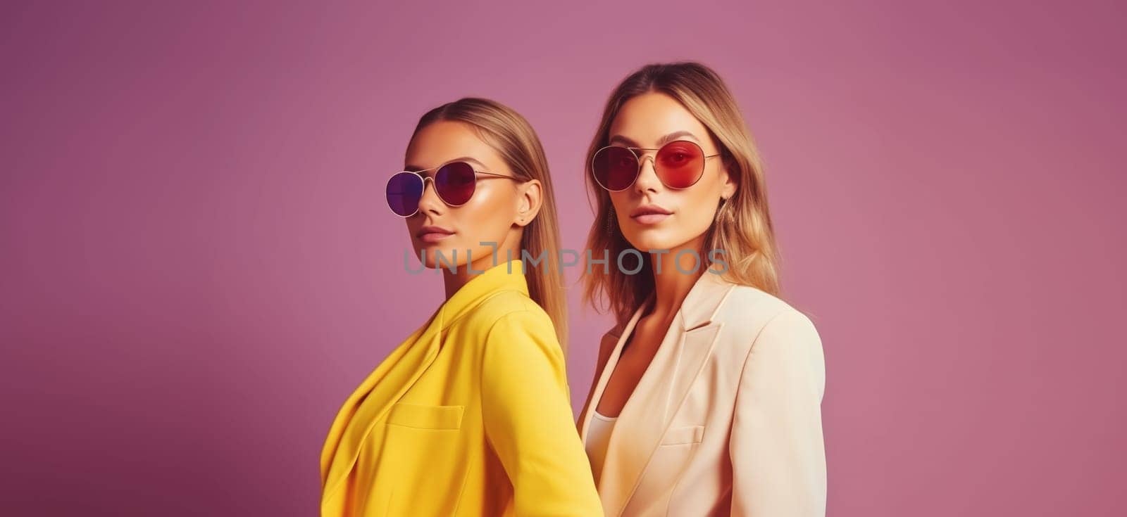 Fashionable portrait of stylish beautiful young two women models in colorful clothes, sunglasses posing on pink studio background