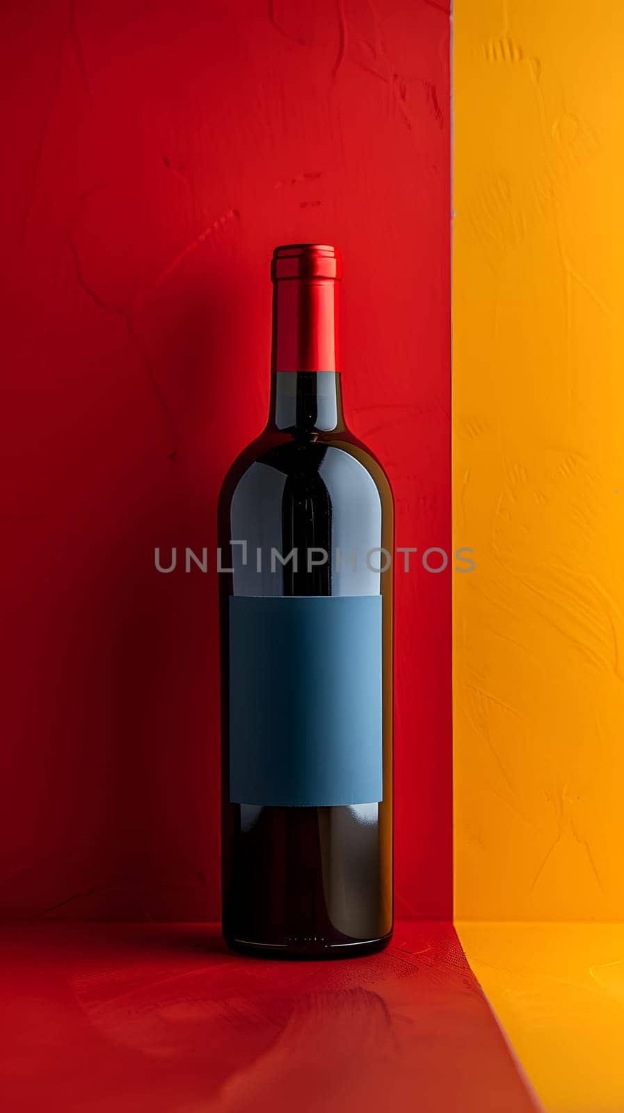 Red wine bottle with blue label on red and yellow background by Nadtochiy