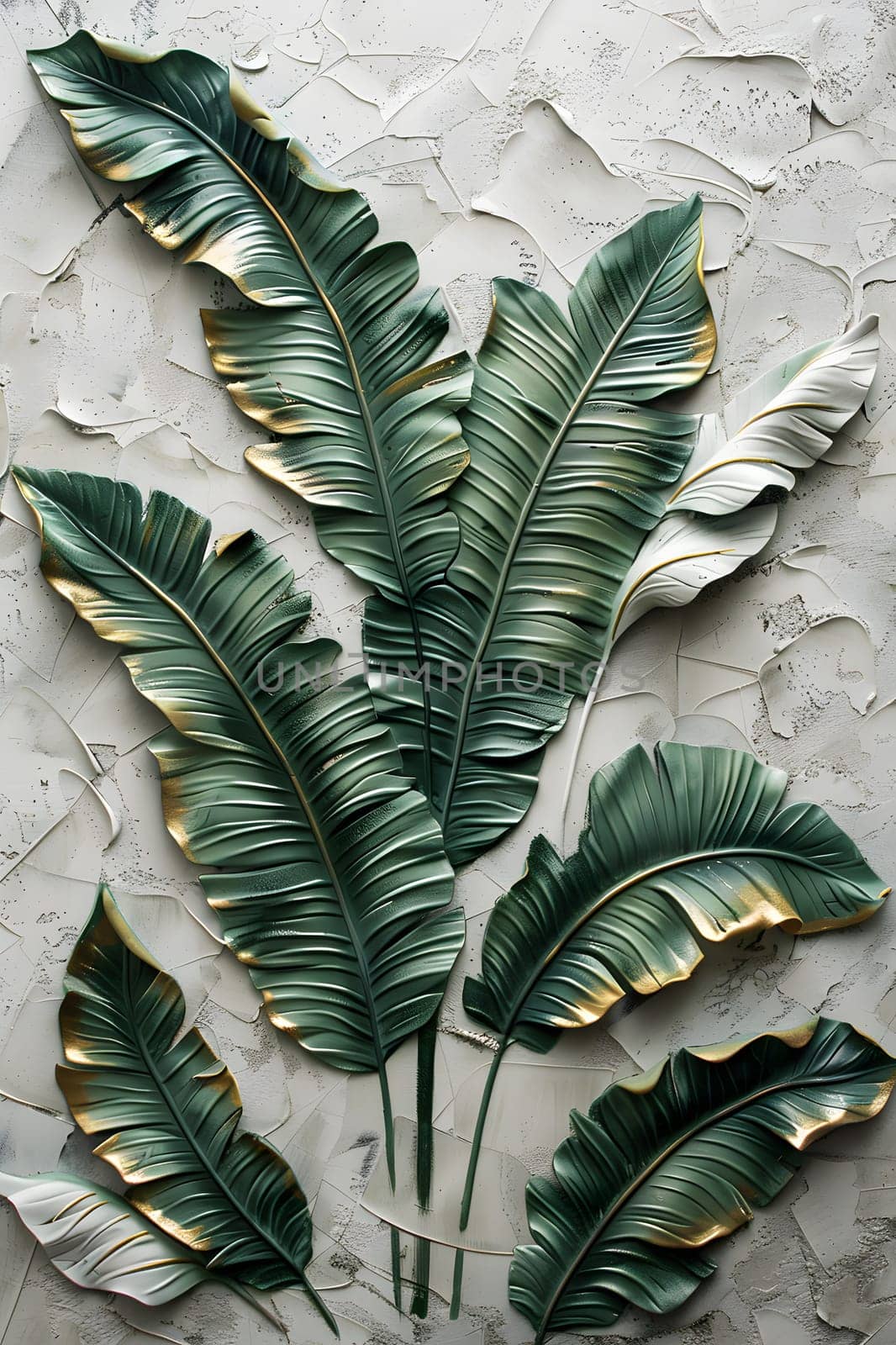 A painting of green and gold banana leaves on a wall by Nadtochiy