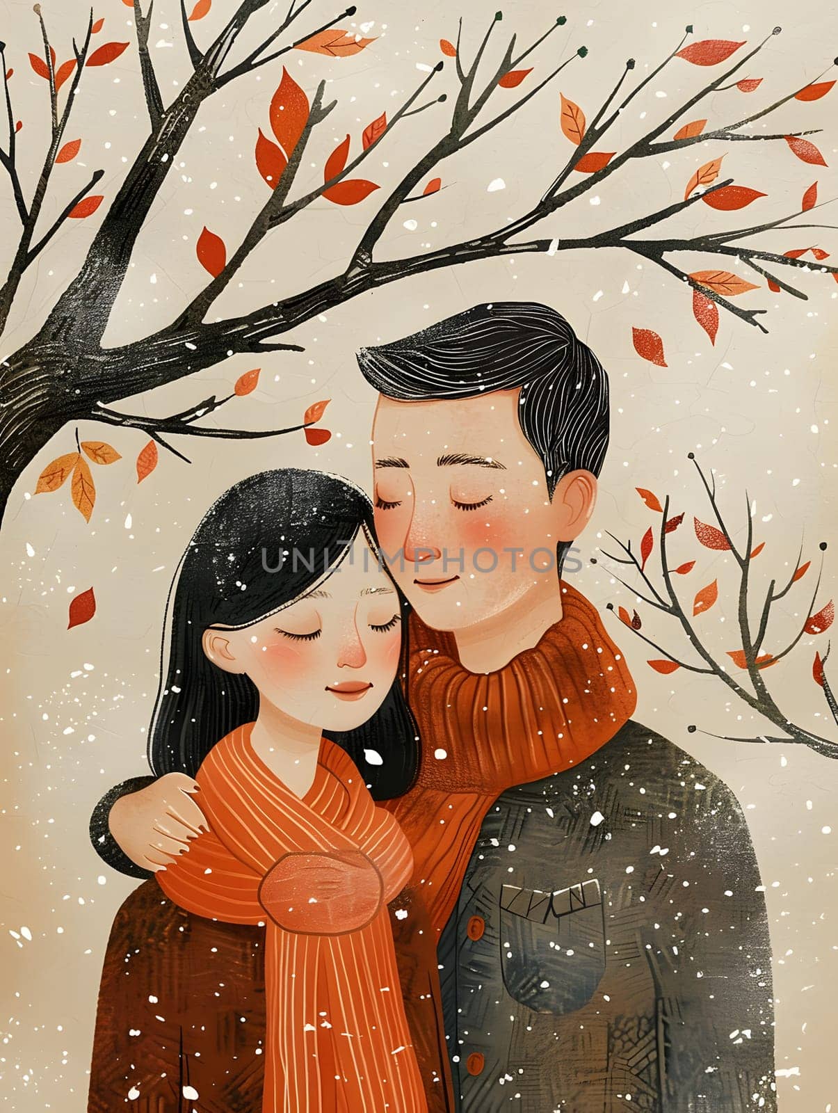 A man and a woman are embracing under a snowy tree with smiles on their faces. The scene looks like a painting with a vintage feel, capturing a happy and romantic moment in the snow
