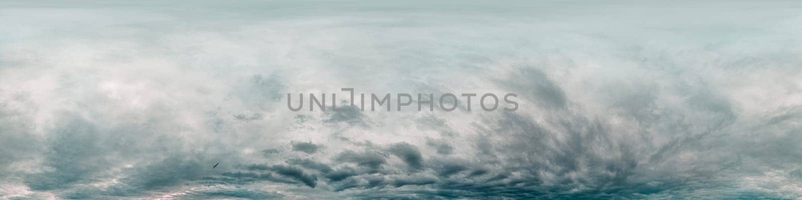 Dark moody rain clouds in dramatic overcast sky. Seamless 360 HDR spherical panorama. Full zenith or sky dome in 3D environment, sky replacement for aerial drone panoramas. Climate and weather change