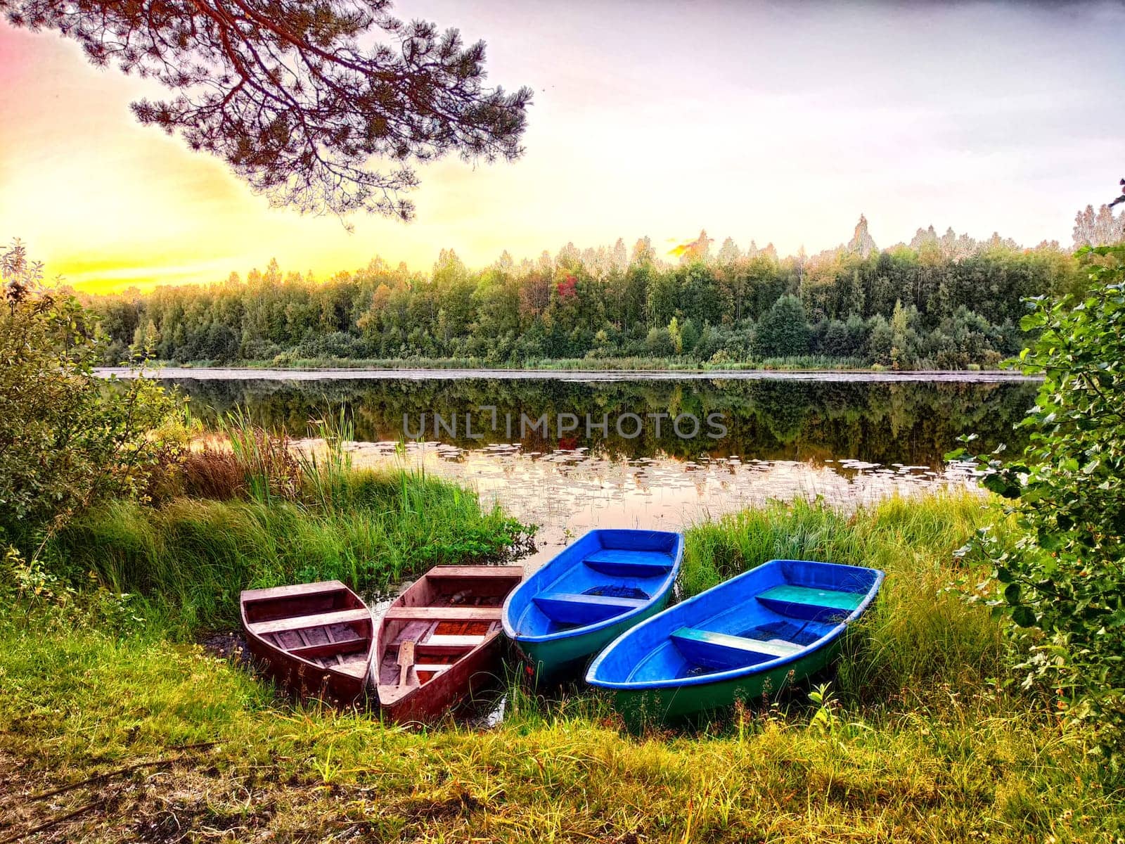 Serene Lake Shore at Sunset With Moored Rowboats. Rowboats by the lakeside during a tranquil sunset by keleny