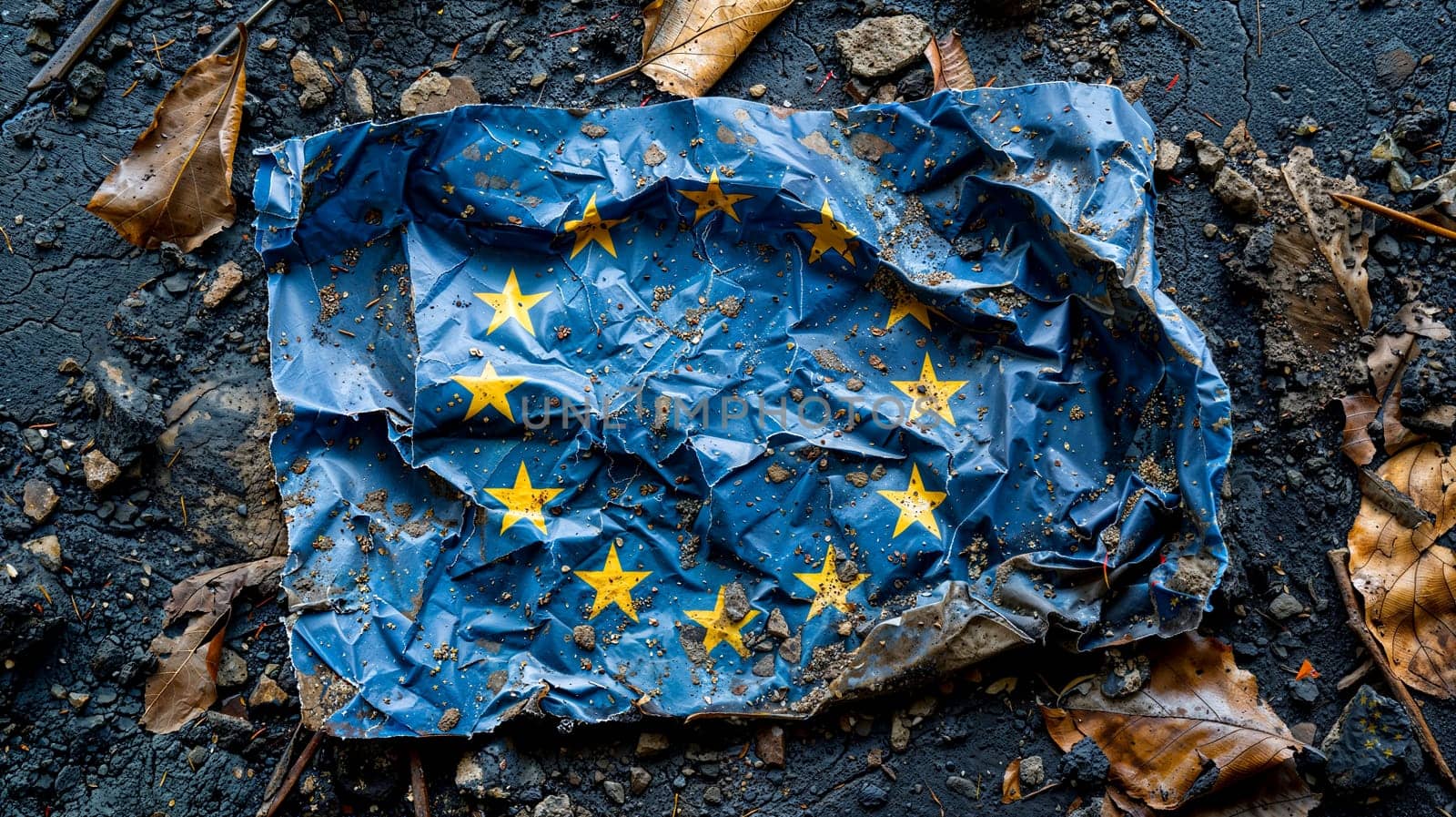 A crumpled piece of blue paper adorned with yellow stars, resembling the flag of the European Union