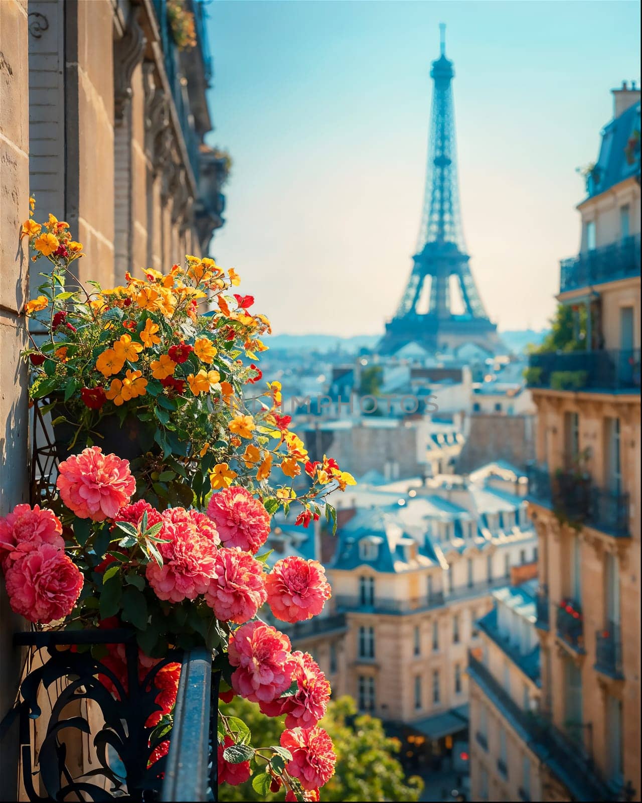 Sunny parisian balcony view with Eiffel tower