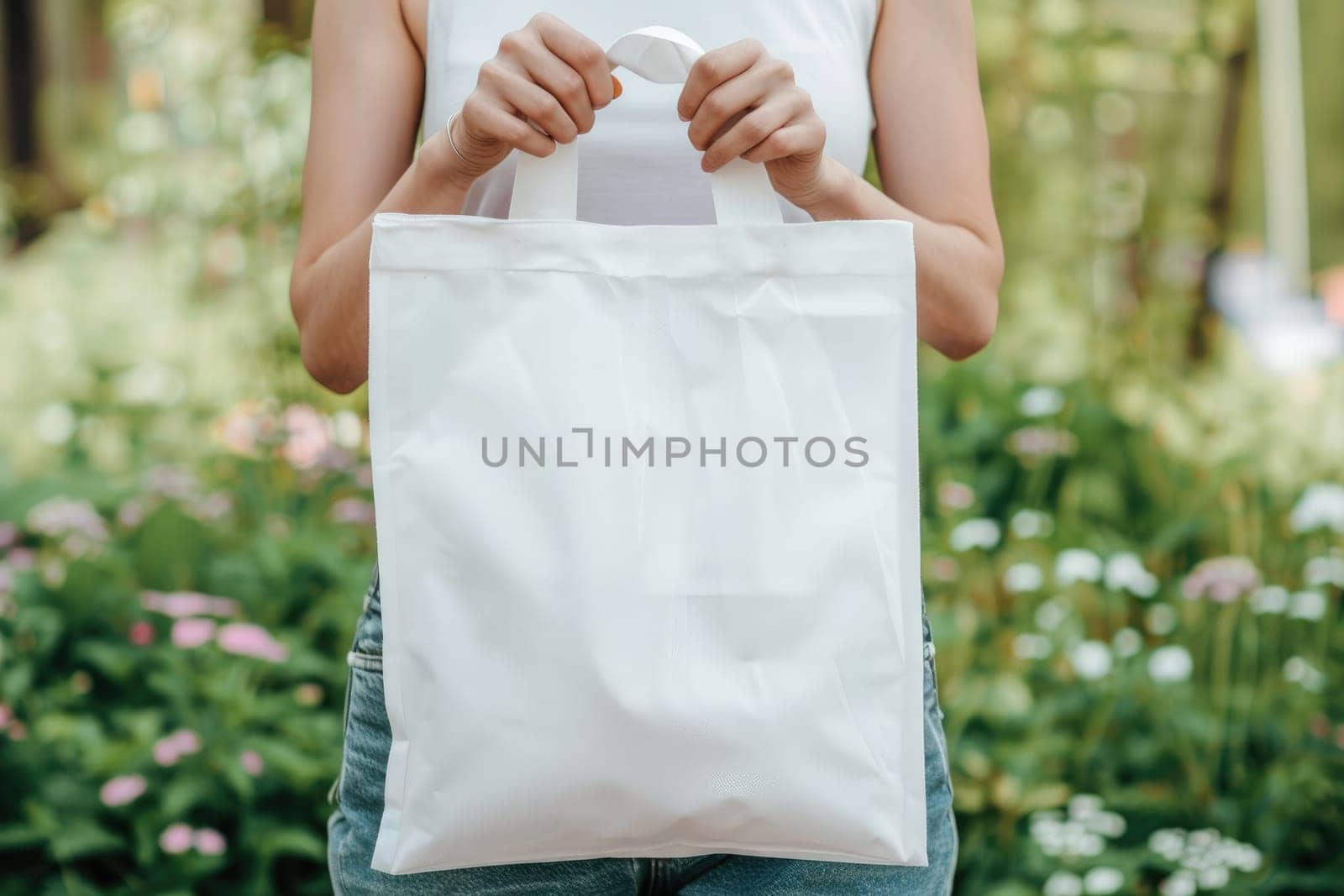 Woman is holding tote bag canvas fabric for mockup blank template, Empty reusable tote bag mockup by nijieimu
