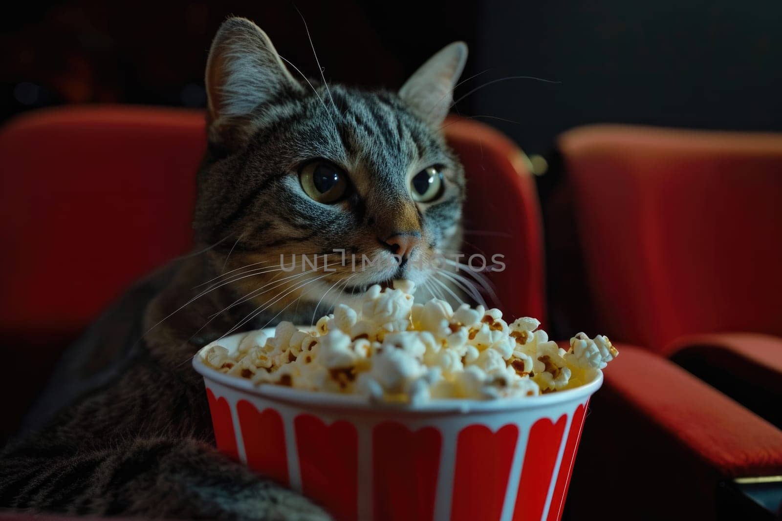 A cat is eating popcorn and watching a movie in the cinema, Banner with cat watching movie with popcorn.
