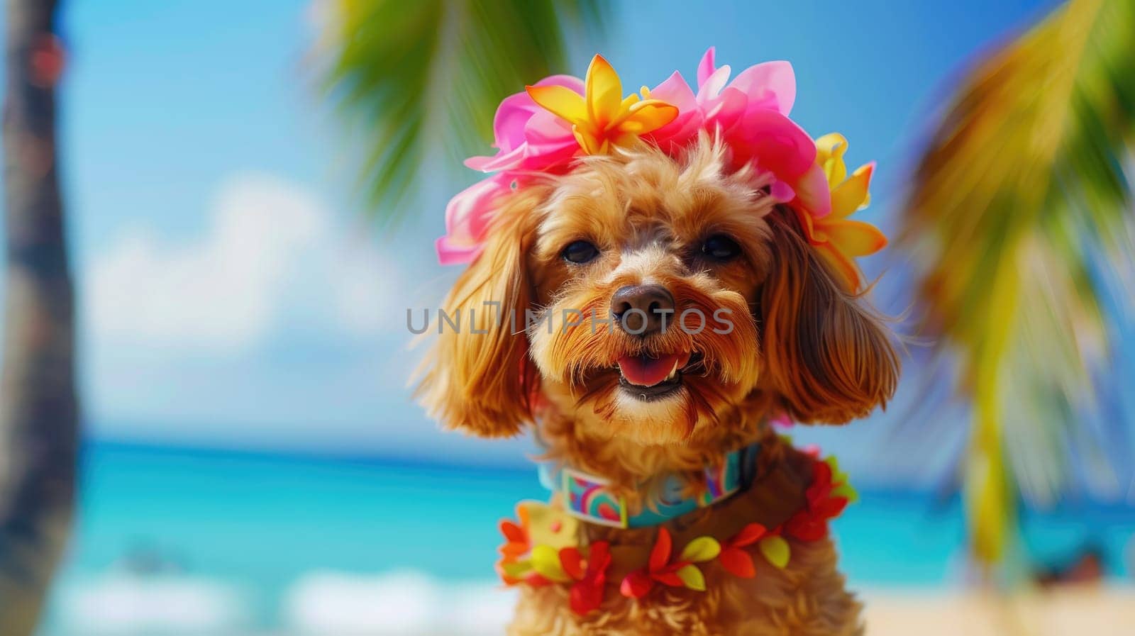 Summer background, Dog with hawaiian costume tropical palm and beach background, Generative AI by nijieimu
