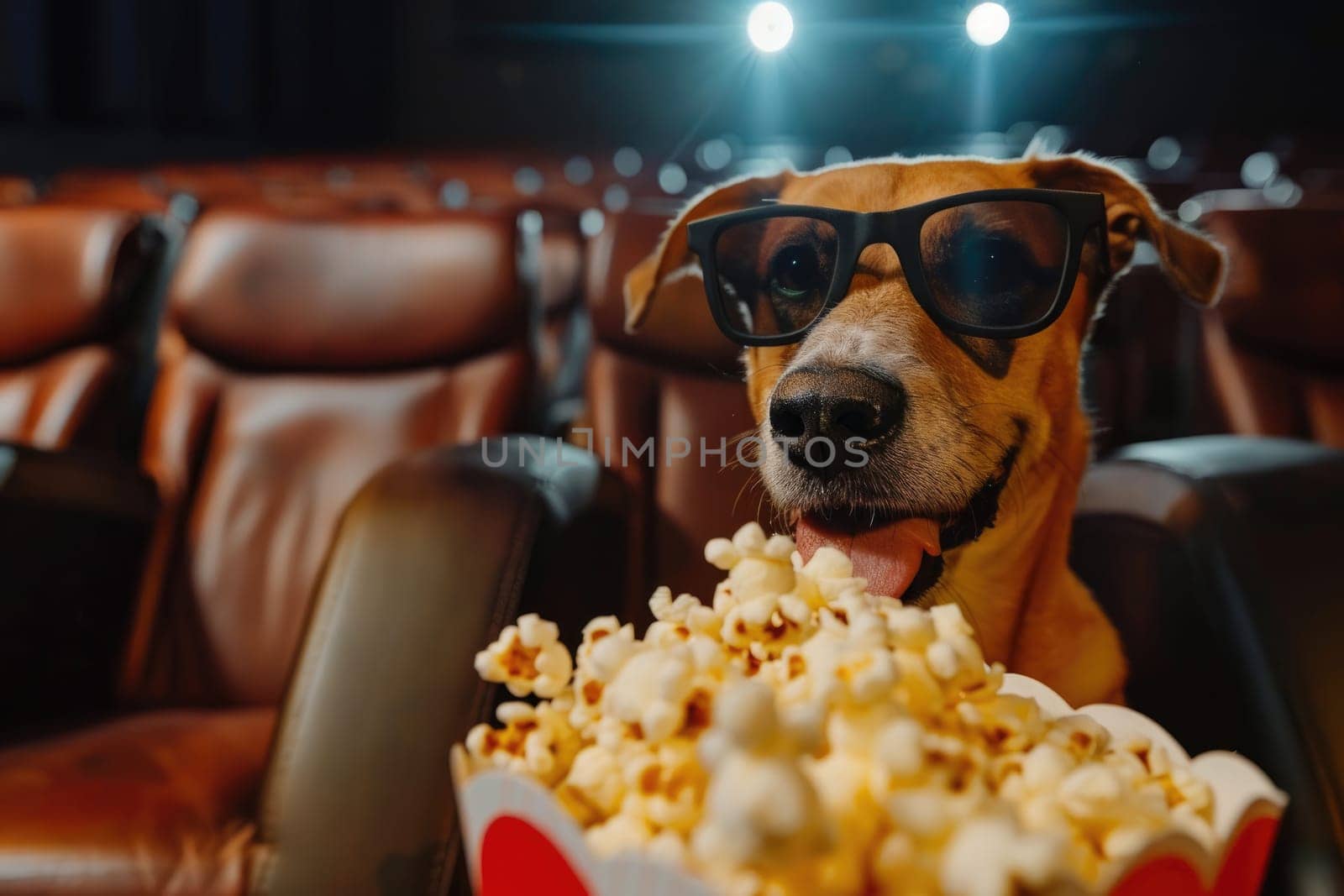 A dog is eating popcorn and watching a movie in the cinema, Banner with dog in cinema by nijieimu
