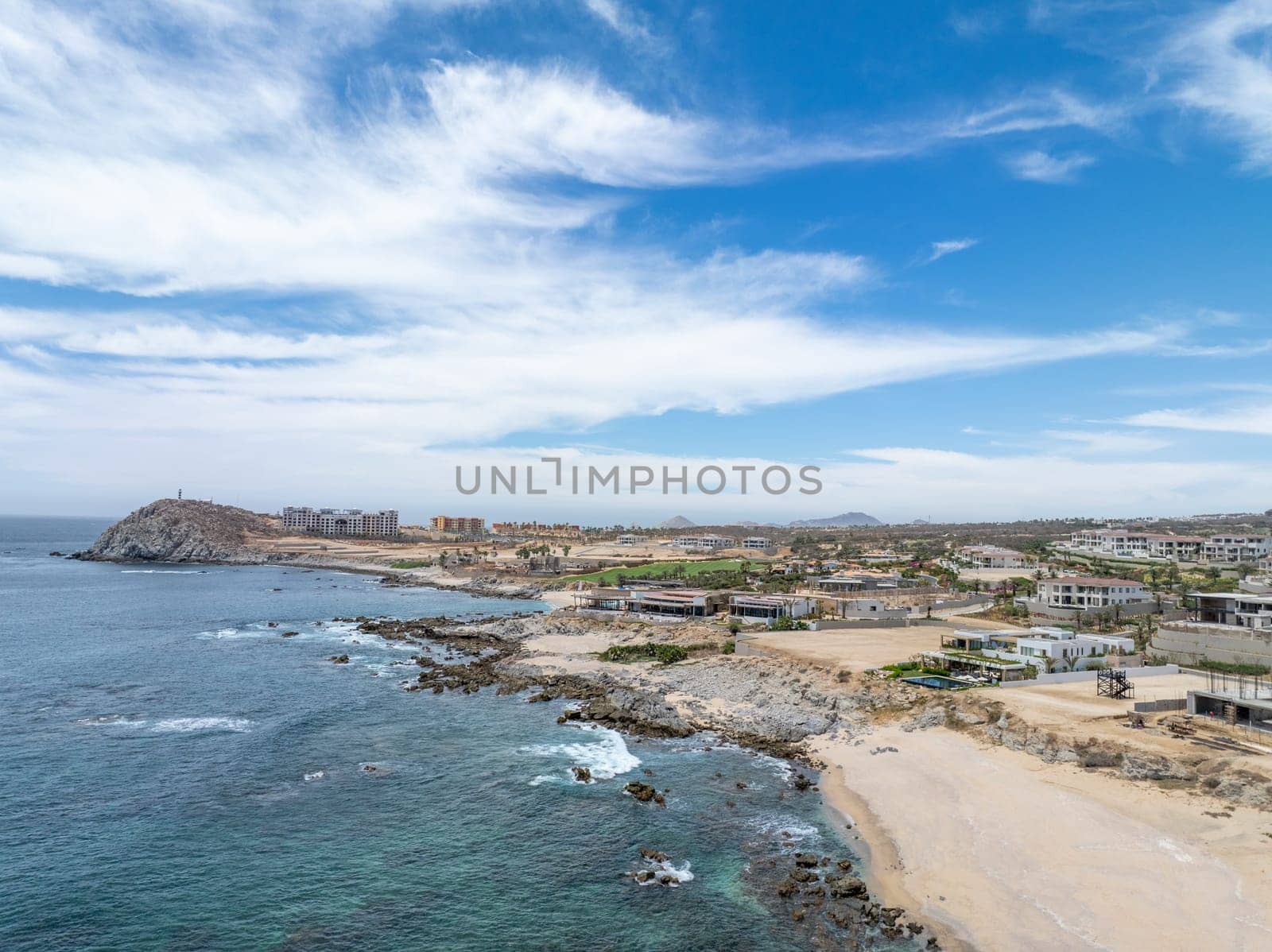 Aerial view of tropical beach with resorts in Cabo San Jose, Baja California Sur, Mexico