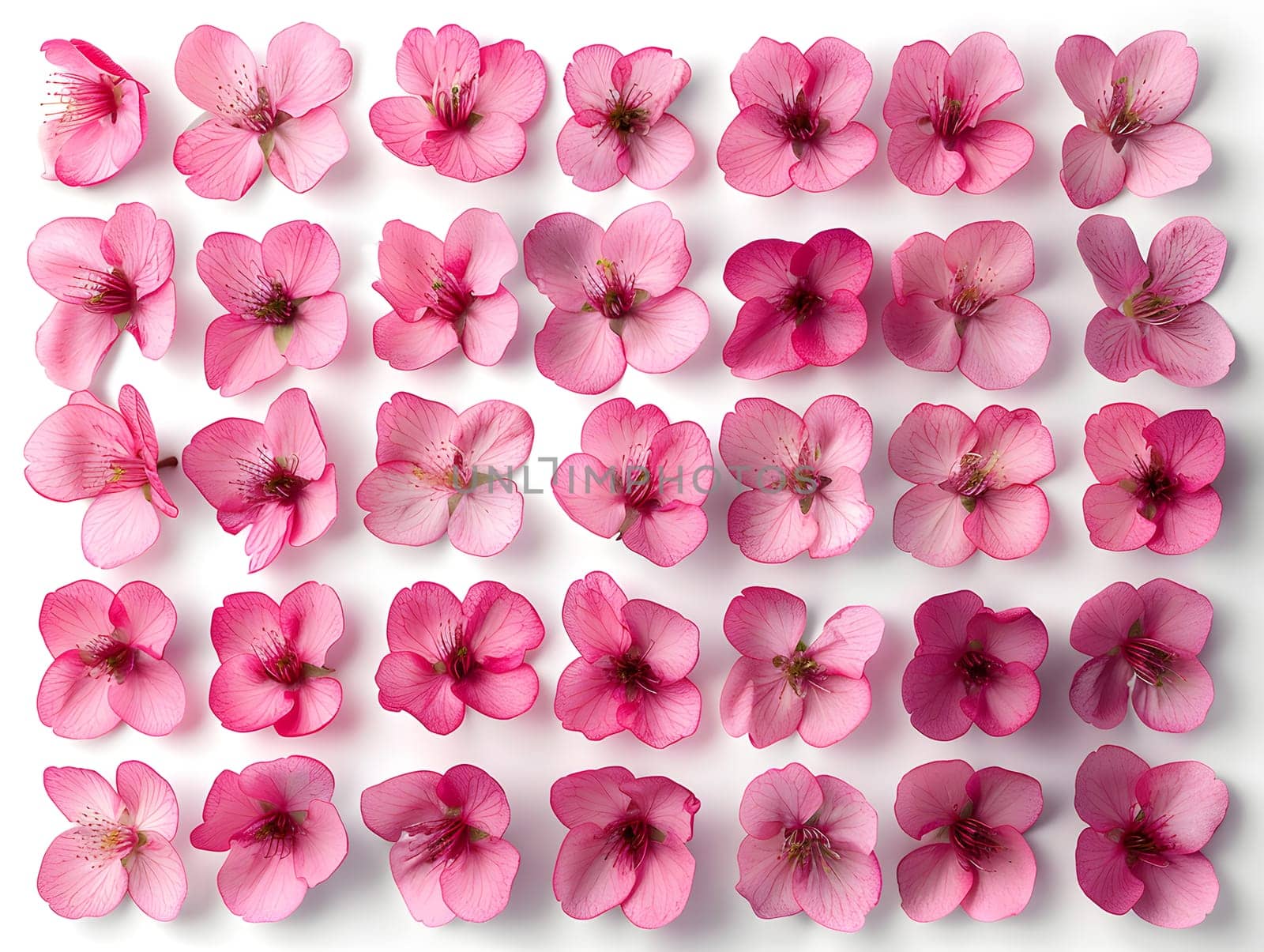 A pattern of pink, violet, and magenta petals on a white background by Nadtochiy