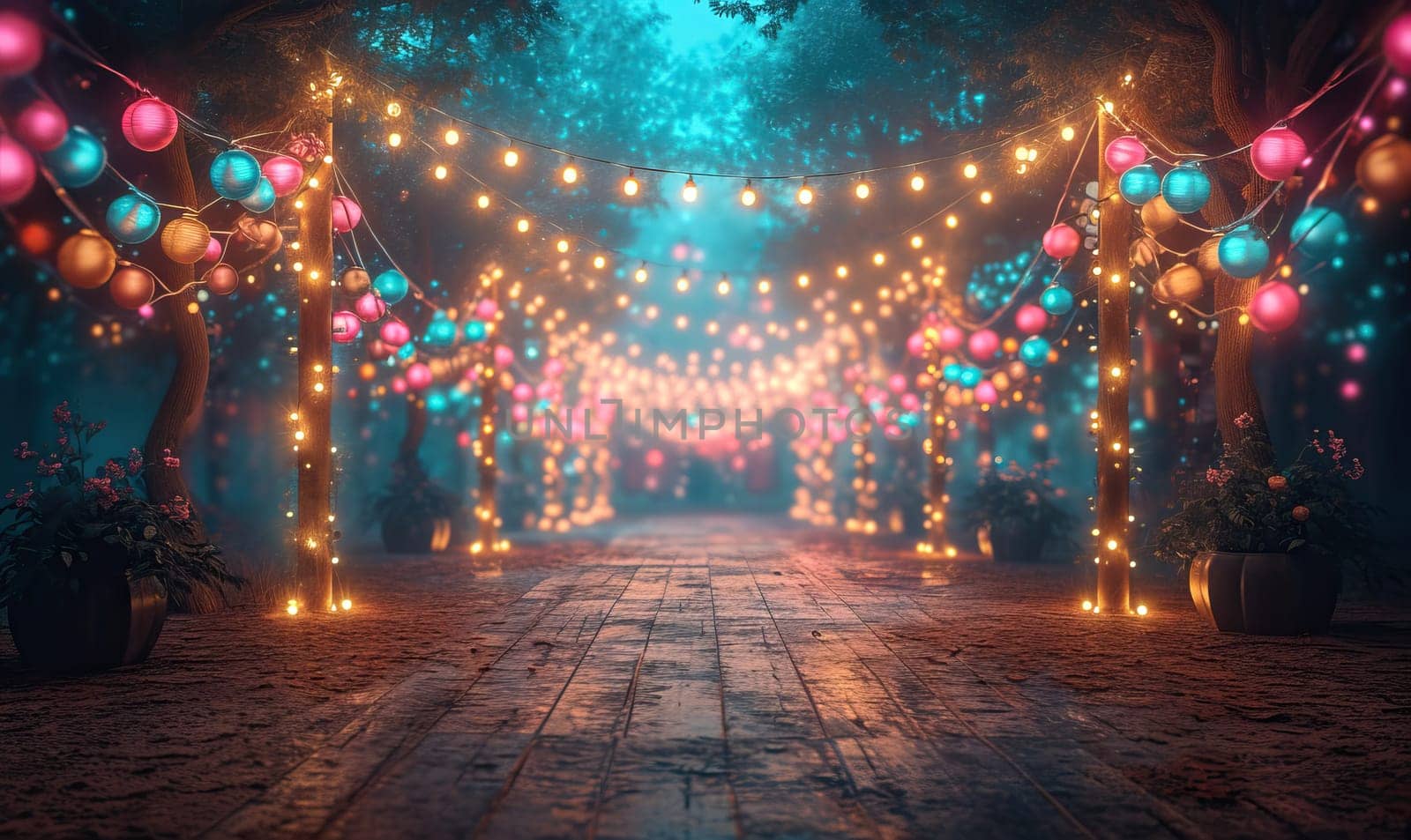 A walkway brightly lit with lights stretching into the night.