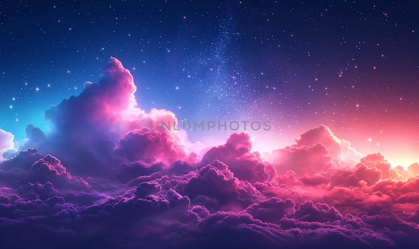 Vibrant sky featuring clouds and stars.