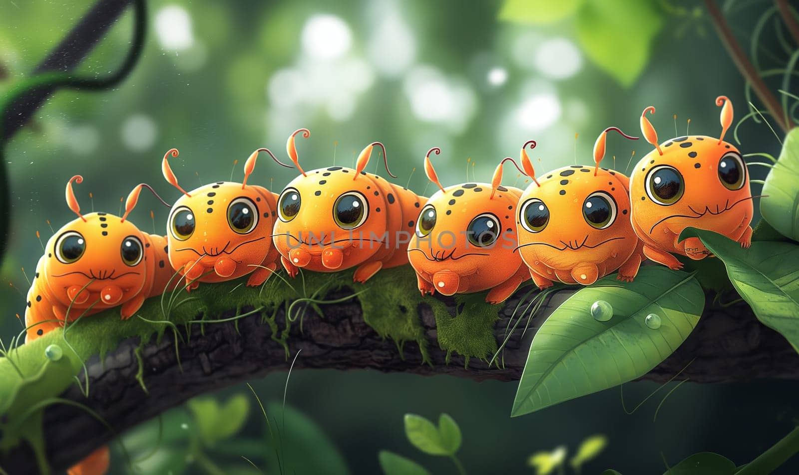 Group of orange caterpillars gathered on a tree branch.