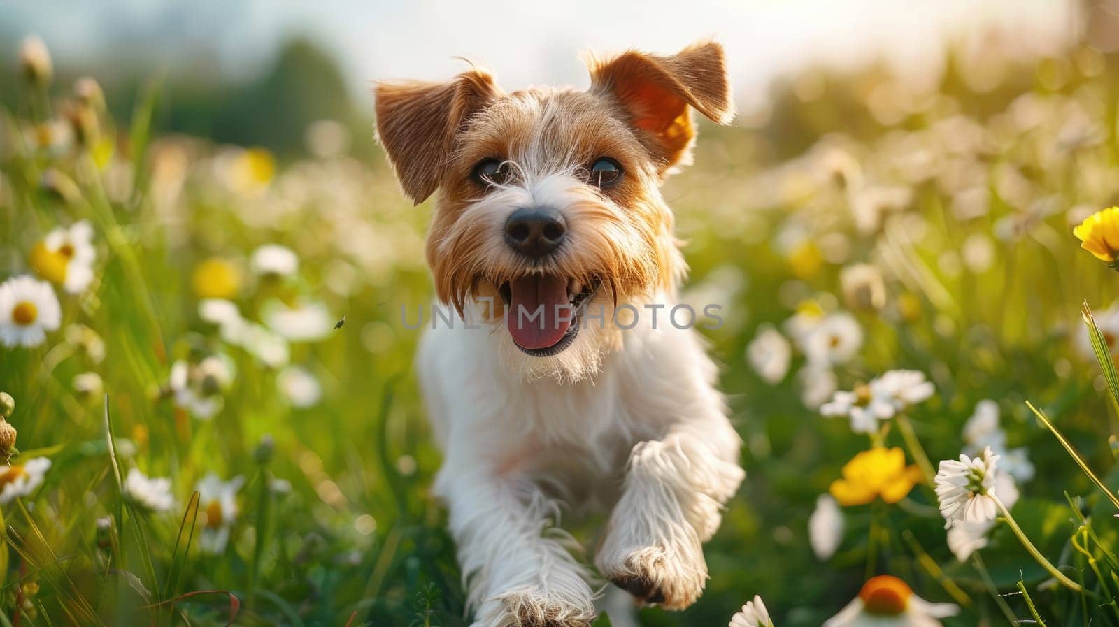 Summer background, A beautiful dog running in flower field in a sunny dreamy day.