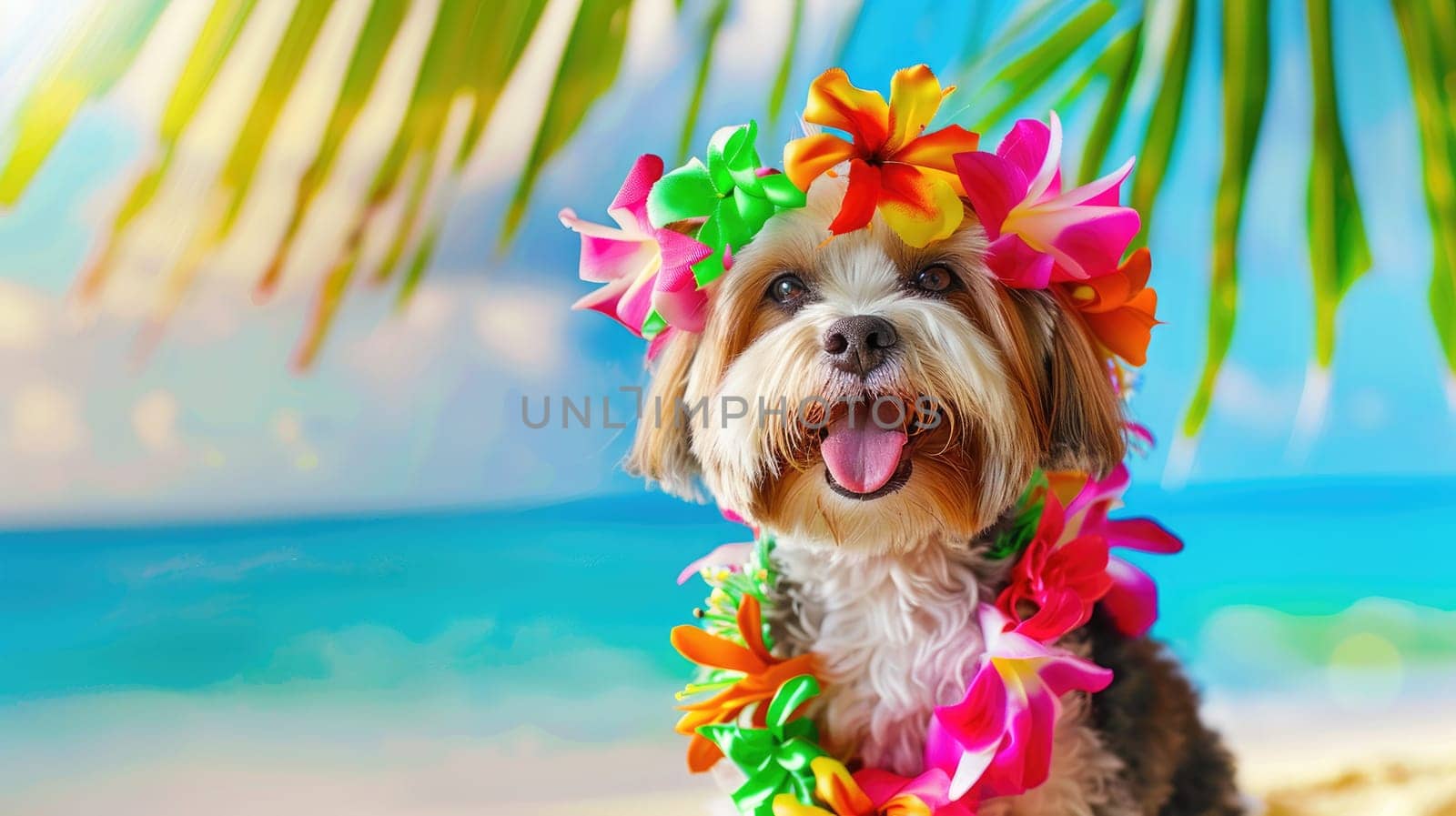 Summer background, Dog with hawaiian costume tropical palm and beach background, Generative AI.